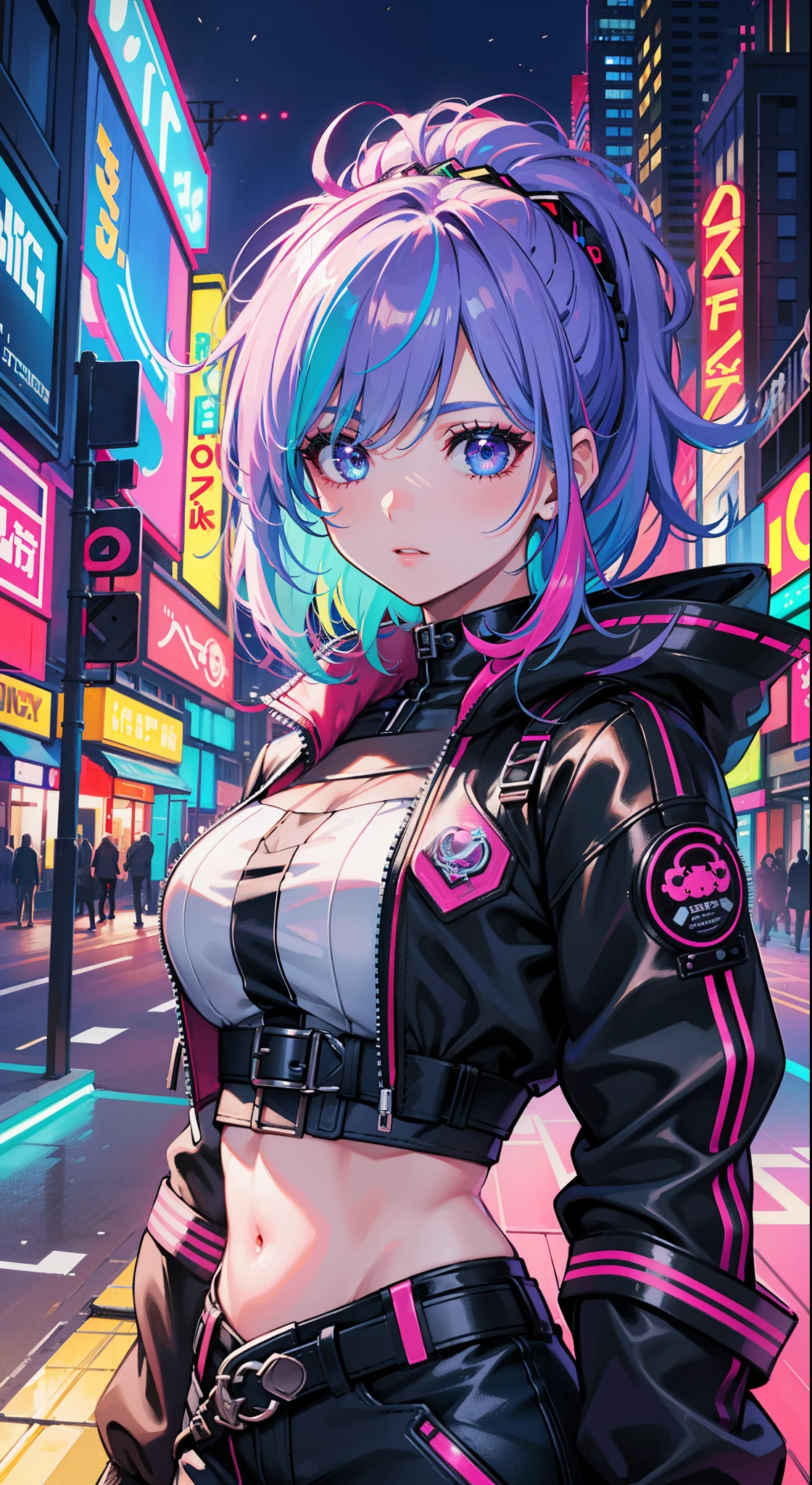 highest  quality，16K quality，1girl,Creative hair,rainbow hair,the city street,Charming and beautiful eyes,Neon cold light,cyber punk perssonage,Blushlush,constricted waist,Detail Facial details,Dynamic pose,Edge lights,
