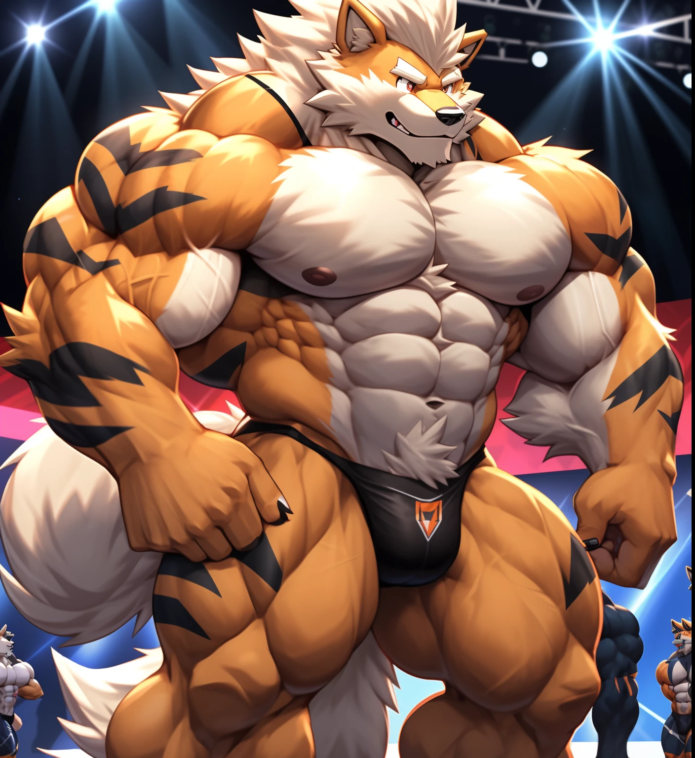 (Pokémon) A Arcanine at the bodybuilding competition, on stage with other Arcanine's bodybuilders at his side, wearing a tiny thong (metallic color: jet black thong) massive, huge muscular bodybuilder with extraordinary biceps, pecs, triceps, traps, waist narrow, gigachad