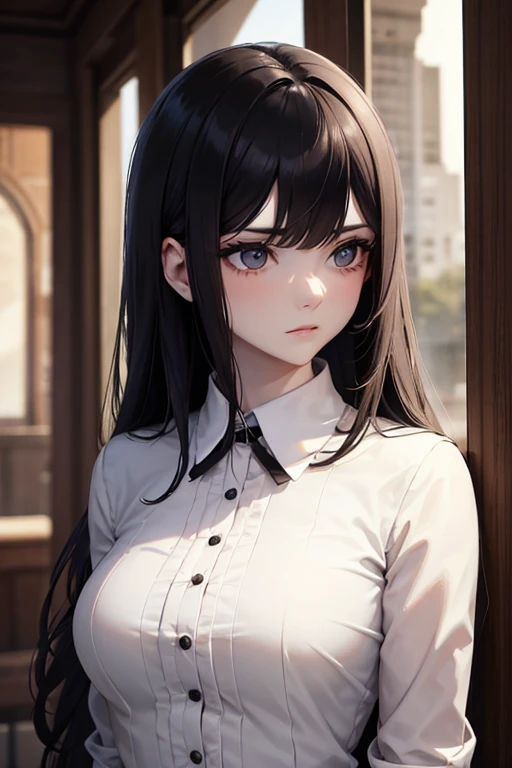 A woman with pale skin, Cabello negro lacio. ojos grandes y oscuros , with an intense and enigmatic expression. Llevar el estilo Orphan Movie Clothe, with a more elegant and sophisticated touch, algo que coincide con su misteriosa y fuerte personalidad. En general, Its appearance would be striking, atrayendo miradas curiosas e intrigadas. pecho grande, cinematic lighting