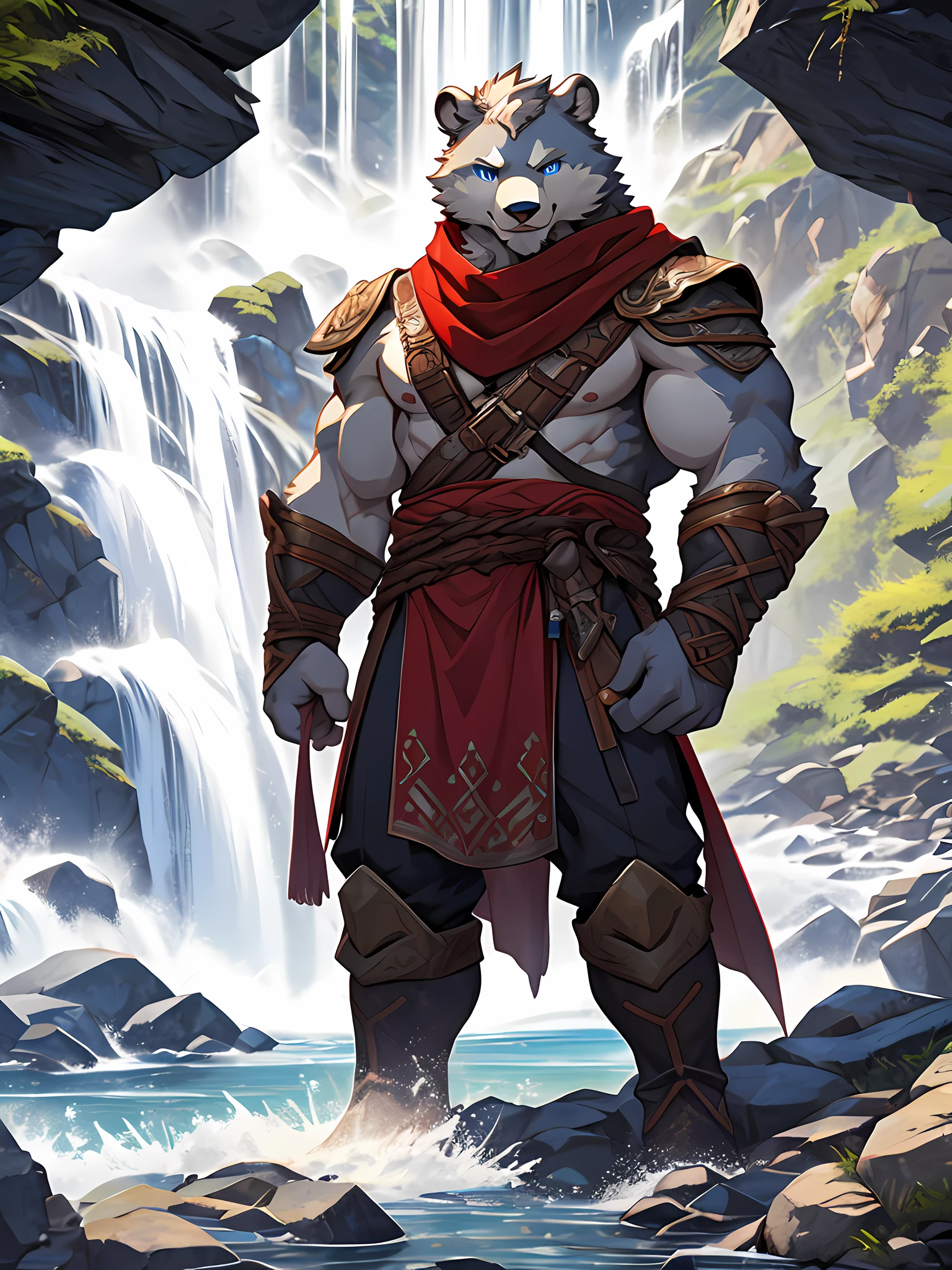 furry,bara,white bear,Blue Eyes,muscular,Wear an adventurer&#39;s outfit&#39;The costume of,There is a red cloth..,red neckerchief,Behind is a mountain..,Standing on the rocks by the waterfall,High resolution HDR images,10