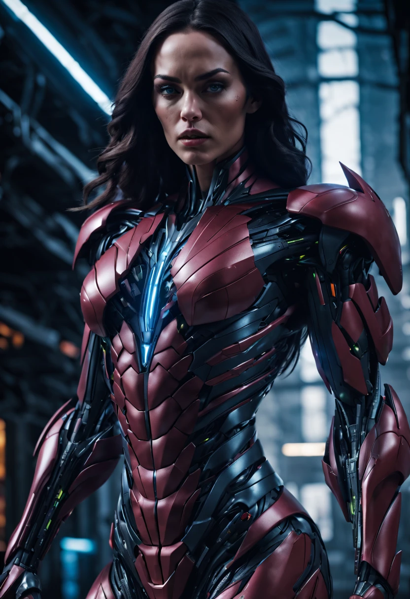 megan fox), Cinematic, hyper-detailed, and insanely detailed, perfect muscular anatomy of a bald super muscular female android girl. Beautiful color grading, enhancing the overall cinematic feel. Unreal Engine brings her anatomic cybernetic muscle suit to life, appearing even more mesmerizing. With the use of depth of field (DOF), every detail is focused and accentuated, drawing attention to her eyes and the intricate design of the anatomic cybernetic muscle suit . The image resolution is at its peak, utilizing super-resolution technology to ensure every pixel is perfect. Cinematic lighting enhances her aura, while anti-aliasing techniques like FXAA and TXAA keep the edges smooth and clean. Adding realism to the anatomic cybernetic muscle suit, RTX technology enables ray tracing. Additionally, SSAO (Screen Space Ambient Occlusion) gives depth and realism to the scene, the girl's anatomic cybernetic muscle suit become even more convincing. In the post-processing and post-production stages, tone mapping enhances the colors, creating a captivating visual experience. The integration of CGI (Computer-Generated Imagery) and VFX (Visual Effect brings out the anatomic cybernetic muscle suit's intricate features in a seamless manner. SFX (Sound Effects) complement the visual artistry, immersing the viewer further into this fantastic world. The level of detail is awe-inspiring, with intricate elements meticulously crafted, the artwork hyper maximalist and hyper-realistic. Volumetric effects add depth and dimension, and the photorealism is unparalleled. The image is rendered in 8K resolution, ensuring super-detailed visuals. The volumetric lightning adds a touch of magic, highlighting her beauty and the aura of her anatomic cybernetic muscle suit in an otherworldly way. High Dynamic Range (HDR) technology makes the colors pop, adding richness to the overall composition. Ultimately, this artwork presents an unreal portrayal of a super muscled cybernetic female android