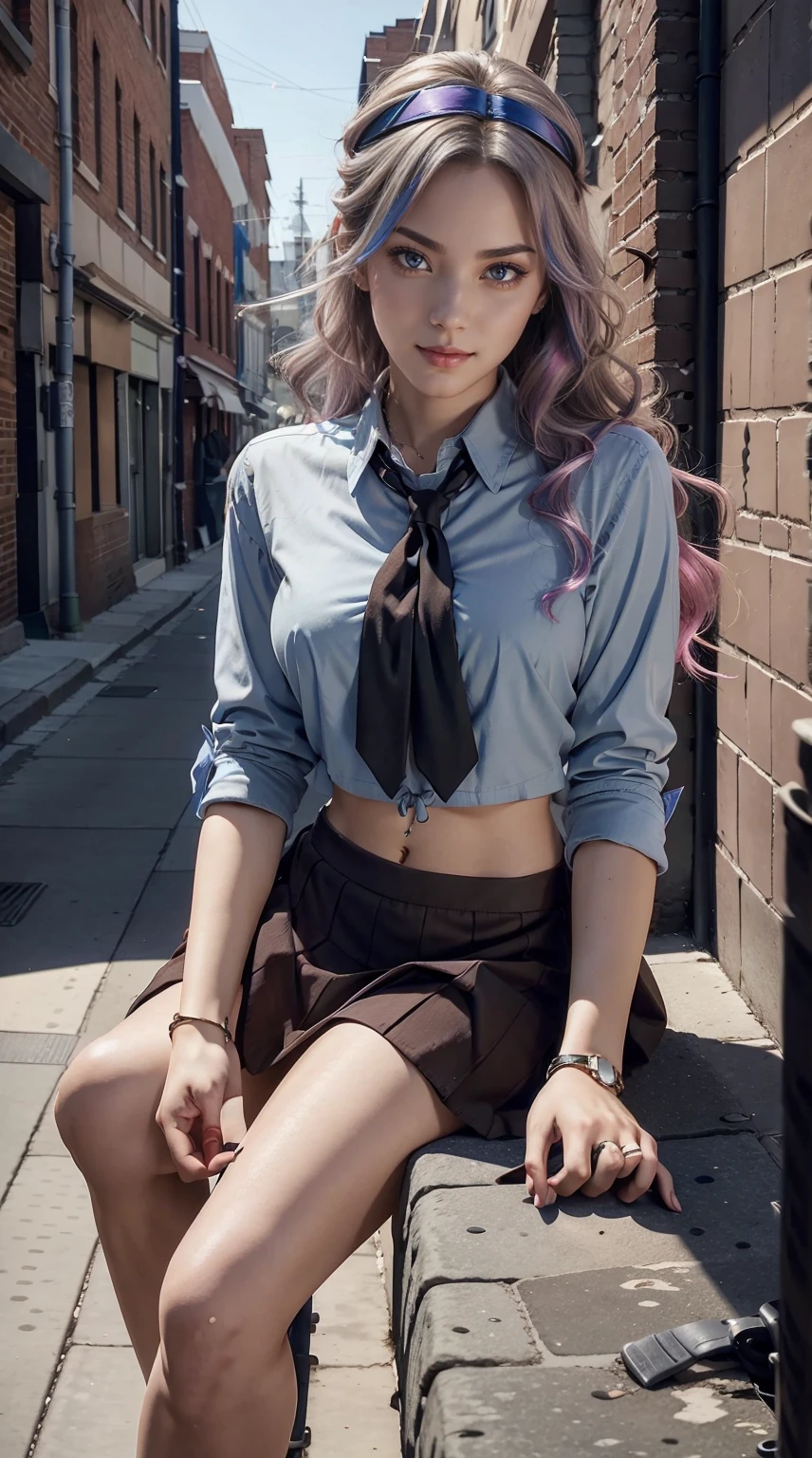a 25yo woman、Hair color is a gradient color、Eye color is blue、Semi-long、hair is wavy、I'm wearing eyeshadow and lipstick、I'm wearing a headband、accessories on wrist、Slender but well-proportioned muscular body、The navel is visible、wearing a tie front shirt、She's wearing a low-rise mini pleated skirt.、I'm in an alley of brick buildings in an old western city、a smile、Looking at the camera、Sitting on a bench