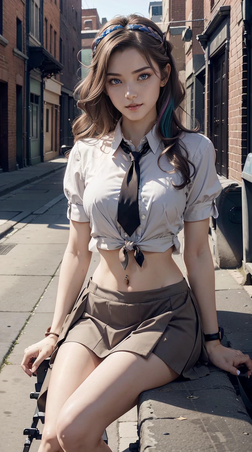 a 25yo woman、Hair color is a gradient color、Eye color is blue、Semi-long、hair is wavy、I'm wearing eyeshadow and lipstick、I'm wearing a headband、accessories on wrist、Slender but well-proportioned muscular body、The navel is visible、wearing a tie front shirt、She's wearing a low-rise mini pleated skirt.、I'm in an alley of brick buildings in an old western city、a smile、Looking at the camera、Sitting on a bench