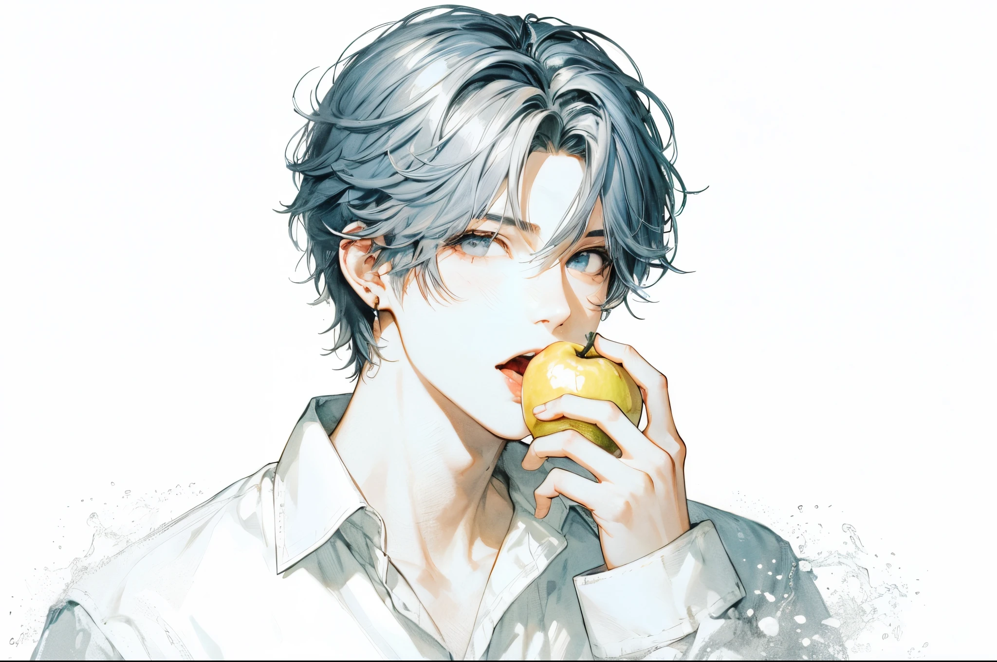 Beautiful young man, dull light blue hair, Half-up style, bite into a yellow apple, Wearing a white shirt, reinforced, Splashes over a wider area, fresher look, half face shot, White background, hightquality, Illustration, PixivJapanese anime style, Clear line drawing, Transparent watercolor, pronounced, Clear shading, Portrait.