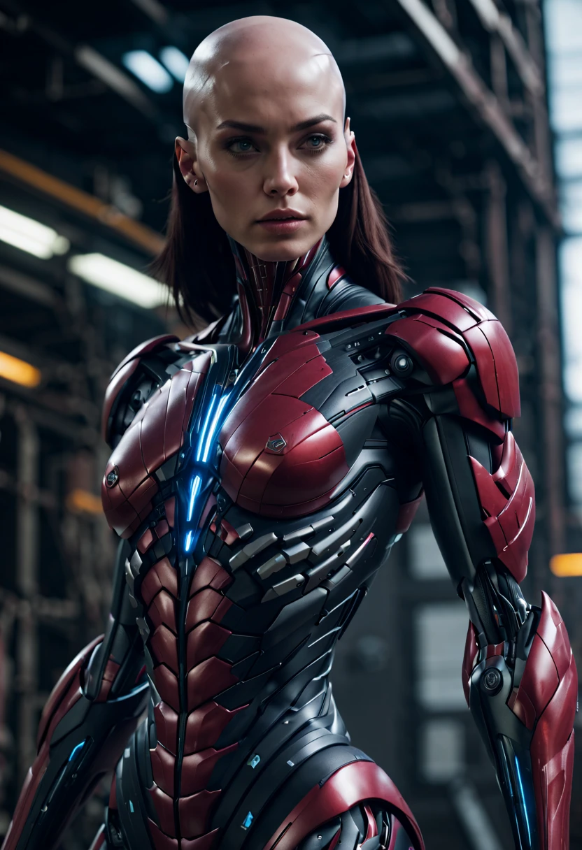 megan fox), Cinematic, hyper-detailed, and insanely detailed, perfect muscular anatomy of a bald super muscular female android girl. Beautiful color grading, enhancing the overall cinematic feel. Unreal Engine brings her anatomic cybernetic muscle suit to life, appearing even more mesmerizing. With the use of depth of field (DOF), every detail is focused and accentuated, drawing attention to her eyes and the intricate design of the anatomic cybernetic muscle suit . The image resolution is at its peak, utilizing super-resolution technology to ensure every pixel is perfect. Cinematic lighting enhances her aura, while anti-aliasing techniques like FXAA and TXAA keep the edges smooth and clean. Adding realism to the anatomic cybernetic muscle suit, RTX technology enables ray tracing. Additionally, SSAO (Screen Space Ambient Occlusion) gives depth and realism to the scene, the girl's anatomic cybernetic muscle suit become even more convincing. In the post-processing and post-production stages, tone mapping enhances the colors, creating a captivating visual experience. The integration of CGI (Computer-Generated Imagery) and VFX (Visual Effect brings out the anatomic cybernetic muscle suit's intricate features in a seamless manner. SFX (Sound Effects) complement the visual artistry, immersing the viewer further into this fantastic world. The level of detail is awe-inspiring, with intricate elements meticulously crafted, the artwork hyper maximalist and hyper-realistic. Volumetric effects add depth and dimension, and the photorealism is unparalleled. The image is rendered in 8K resolution, ensuring super-detailed visuals. The volumetric lightning adds a touch of magic, highlighting her beauty and the aura of her anatomic cybernetic muscle suit in an otherworldly way. High Dynamic Range (HDR) technology makes the colors pop, adding richness to the overall composition. Ultimately, this artwork presents an unreal portrayal of a super muscled cybernetic female android