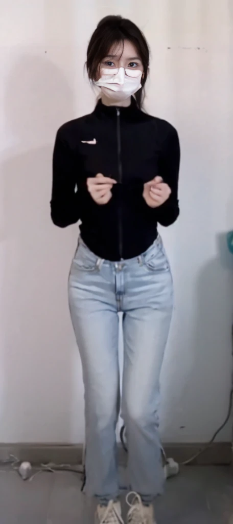 A beautiful young lady,Wear clear square glasses,charming eyes,Wear seven-color striped socks on your knees,Wear a miniskirt,with fair skin,Tear off the bandeau with your handposed and navel