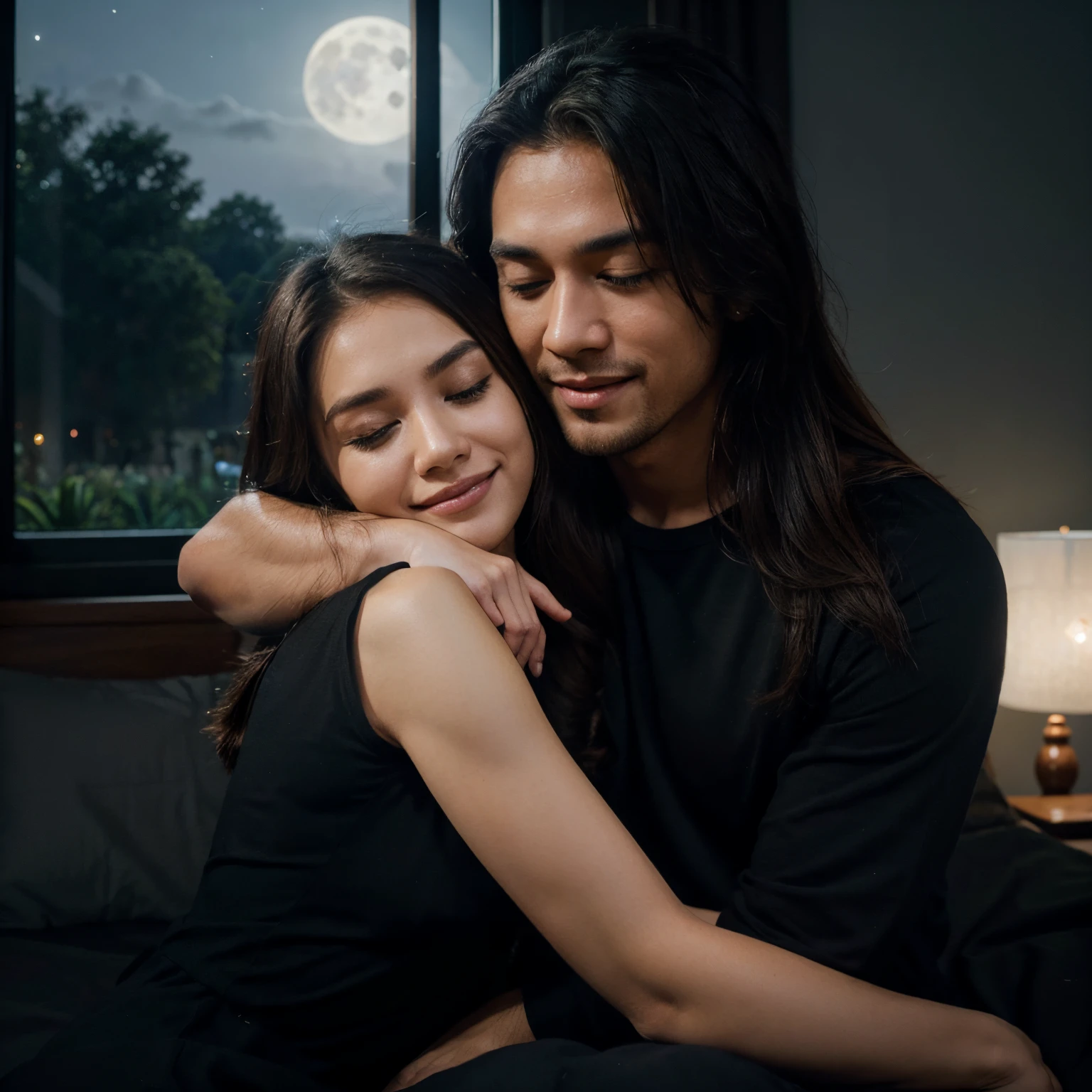 handsome man with shoulder length hair wearing a black t-shirt sleeping hugging a beautiful Indonesian woman wearing a dress, smiling, window, realistic, full body, bed, night scene, room lights, moon, trees, blue clouds, face facing the viewer, daytime scene  , Ultra graphics, night light, Intricate details, realistic, beautiful views, HD 8K details