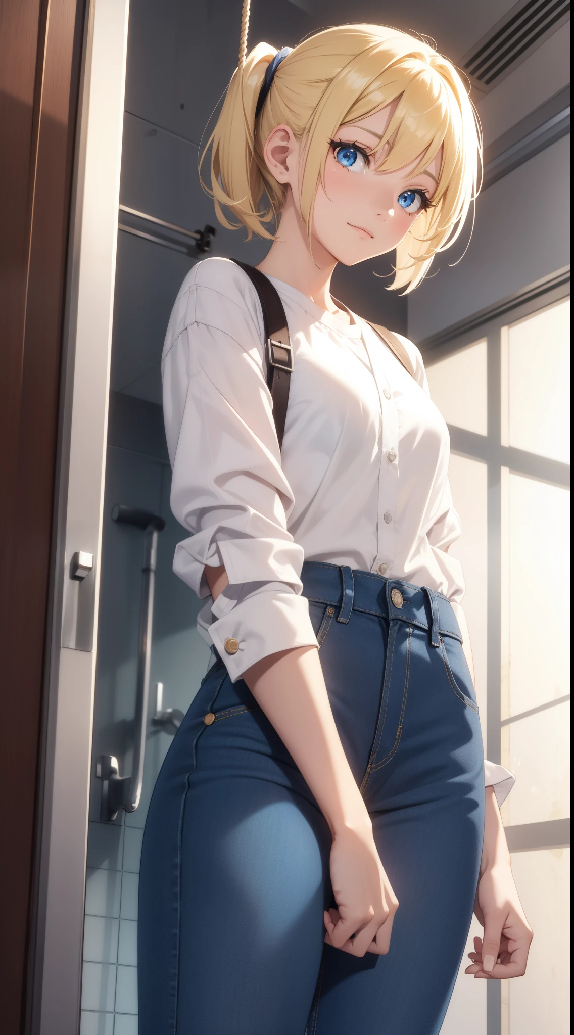 Young girls, blond with short hair, high ponytails, eBlue eyes, ssmile, Blue skinny shirt, denim pant, open shower room, Two swords, fly by rope, tmasterpiece, high high quality, 4K, k hd, Nice details