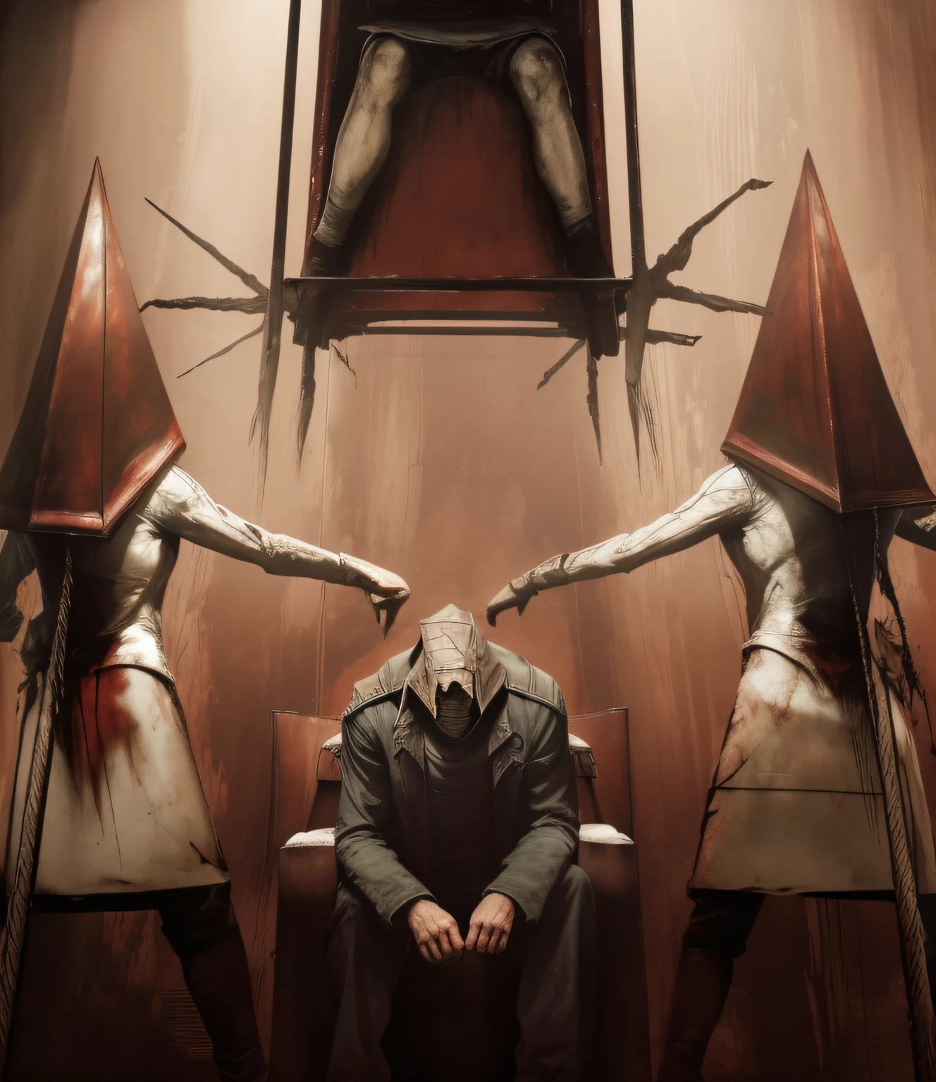 Silent Hill , pyramid head ,   man sitting on chair , man bows his head , monster cage top , women&#39;s legs