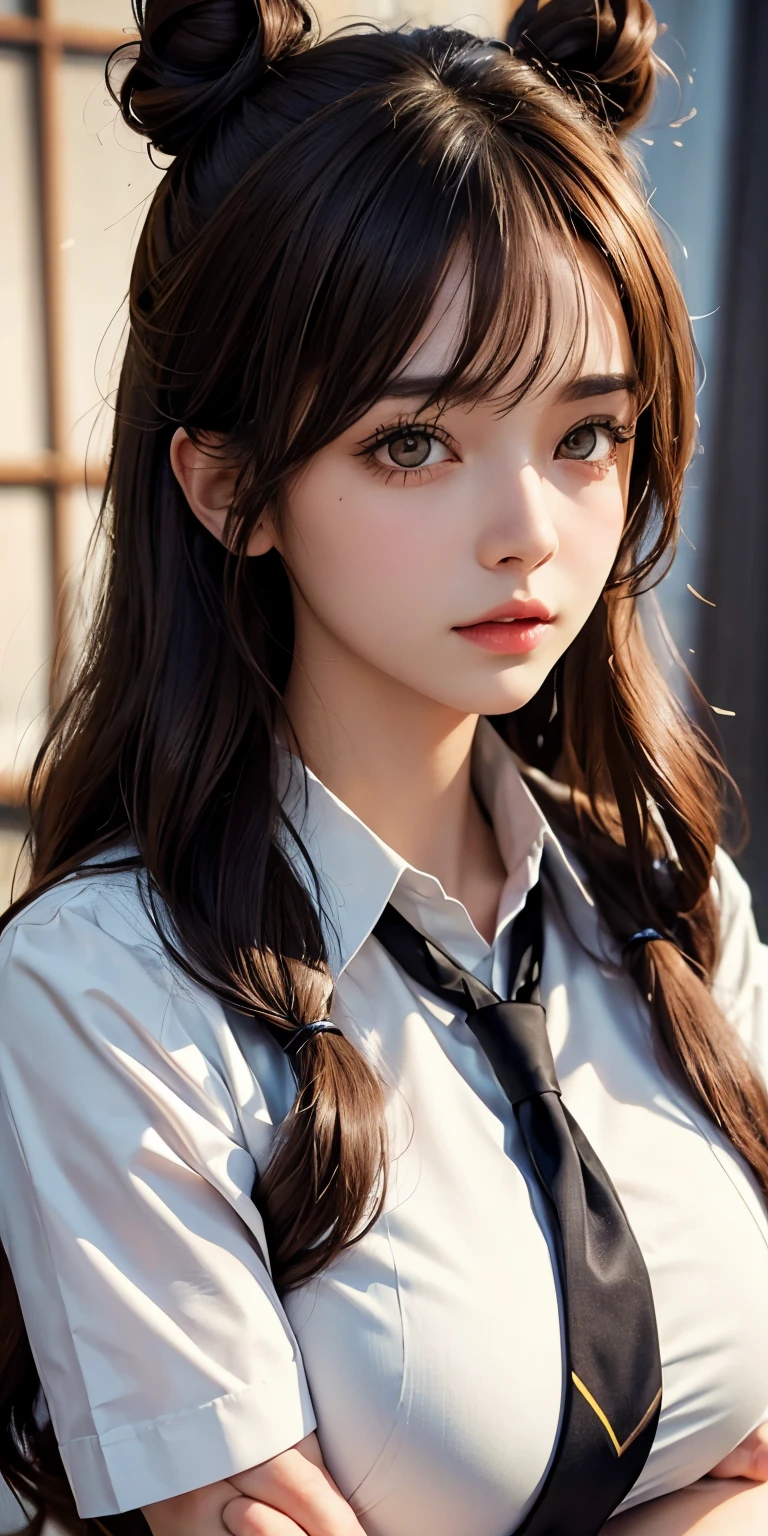 1girl,huge breast, brown hair, yellow eyes, high quality, ultra detailed, masterpiece, realistic,school uniform,twin bun hair