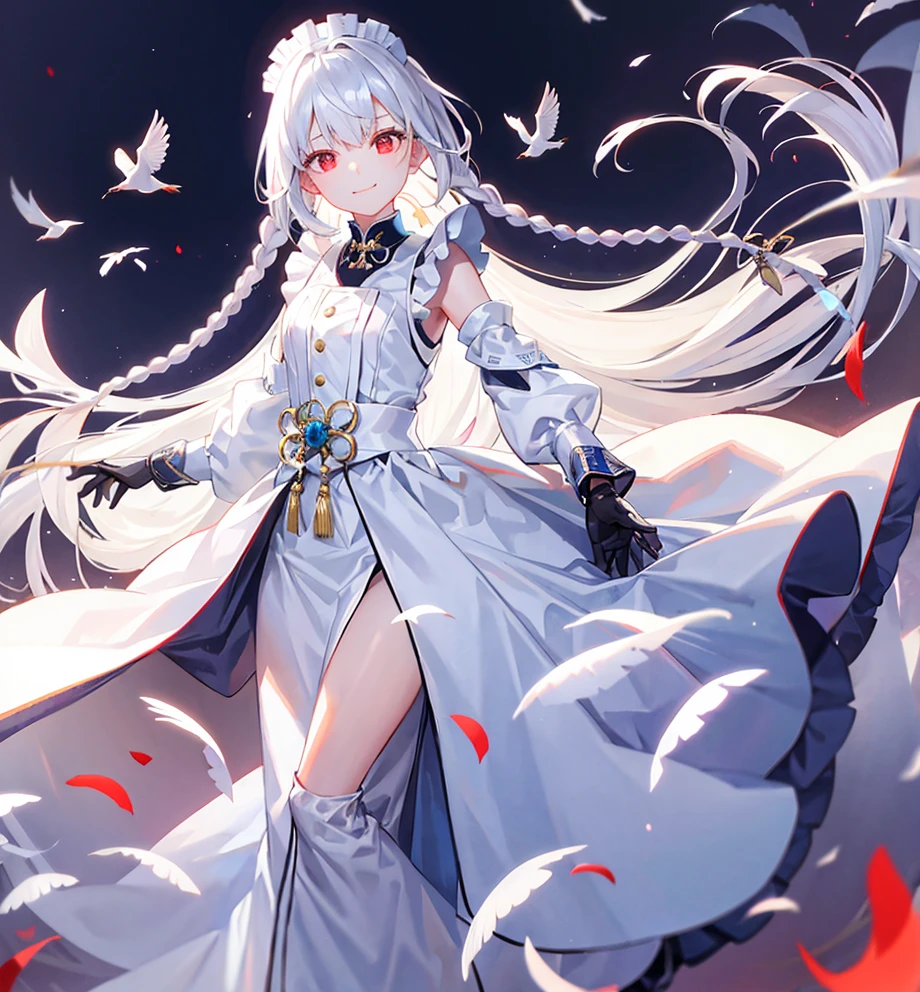 top-quality、ultra-detailliert、careful depiction of the body、human possible regime、Lively、I'm standing with my legs apart、Bird's-eye view branch、look up to、1girl in、独奏、is standing、white hair、twin braids、red eyes、Maid headdress、maid apronl、bangss、white glove、gaze、a smile、looking at the viewers、(interview:1.3)、facing each other in the wilderness、good-looking、Beautiful standing figure、White blade、sparkling blade、inappropriate mouth、dust flying、shell casings are scattered、rolling hand gun、abandoned pistol、
