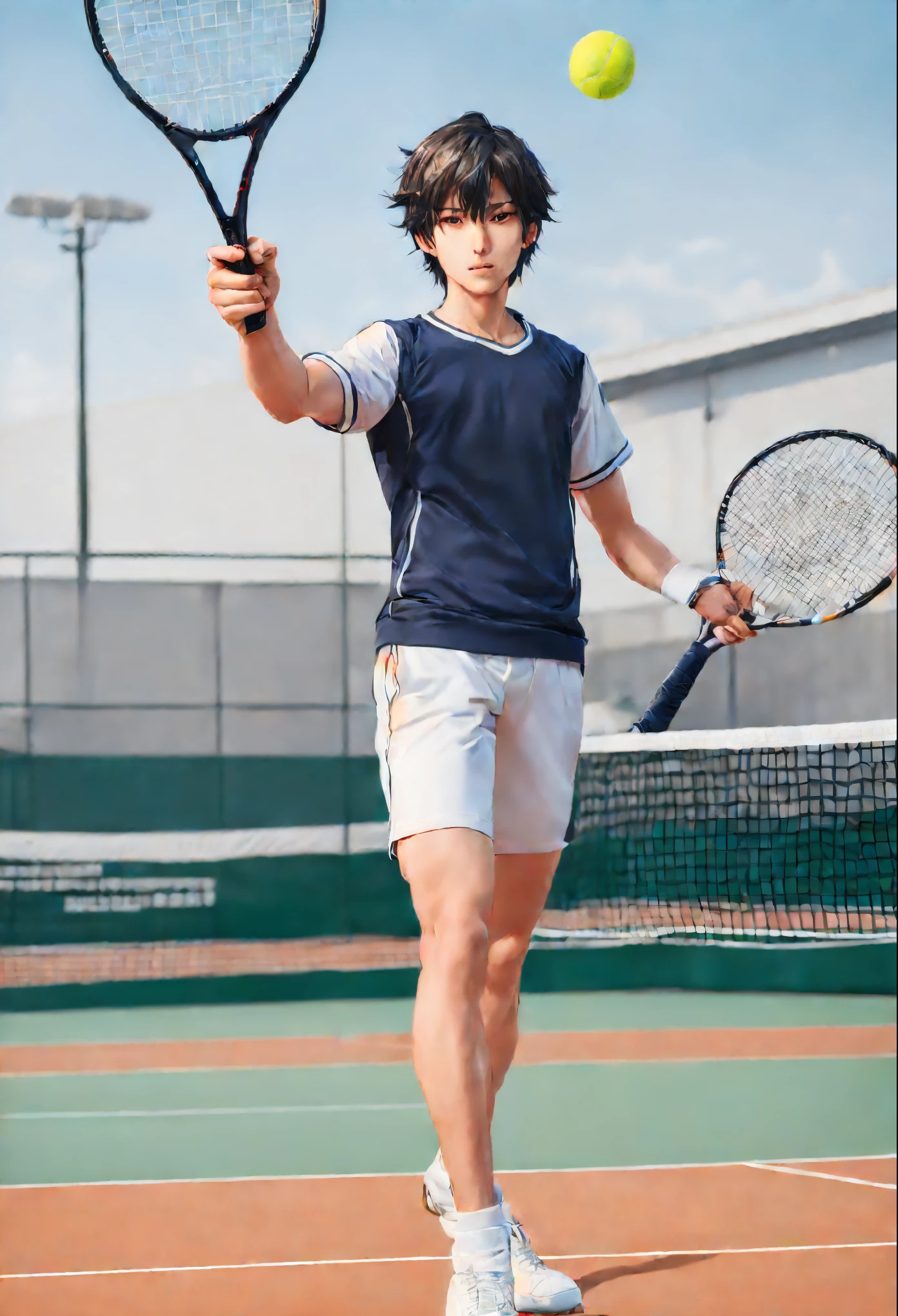 A handsome anime man in sport costums, pose with the tennis racketnon the court, digital anime art