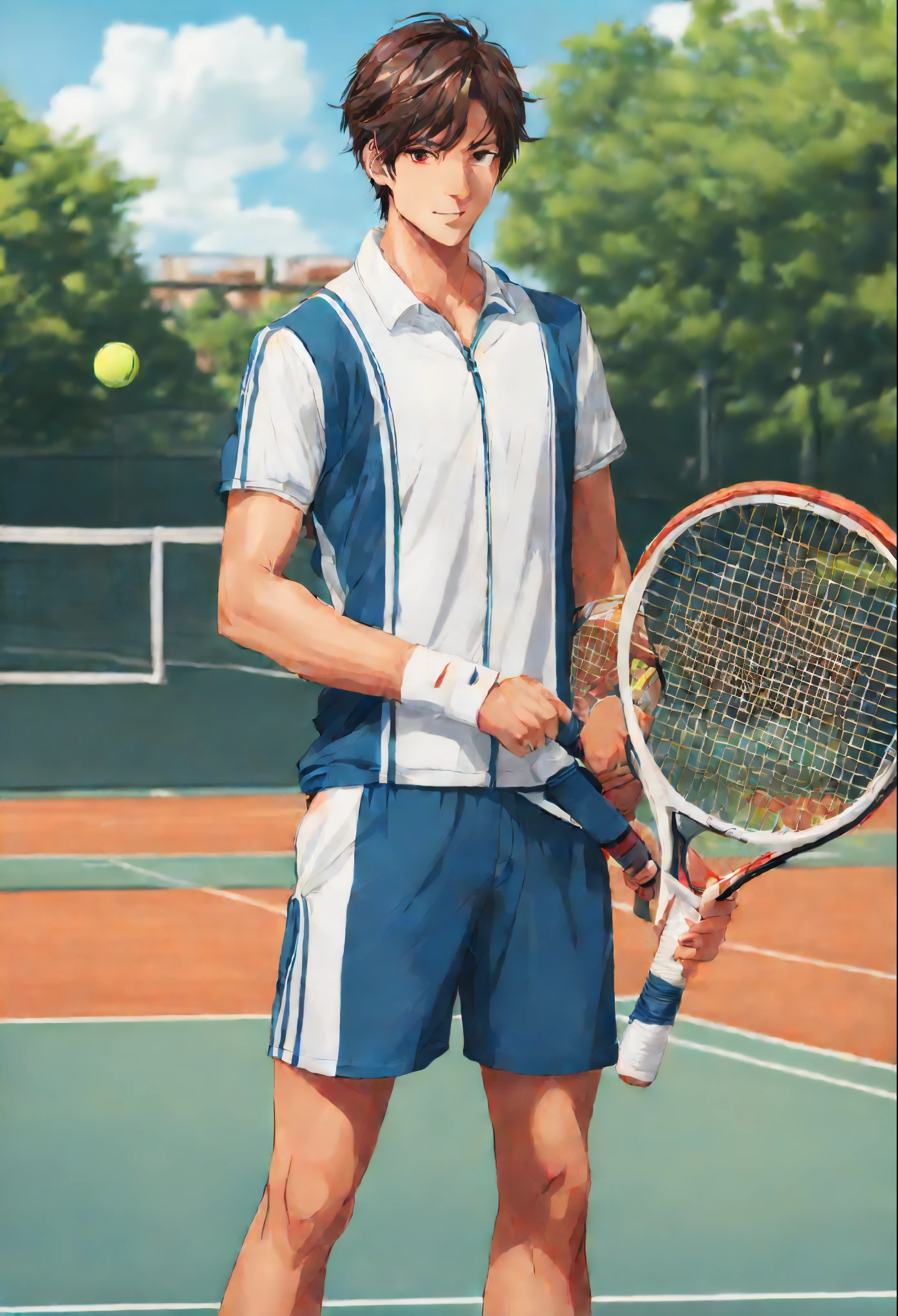 A handsome anime man in sport costums, pose with the tennis racketnon the court, digital anime art