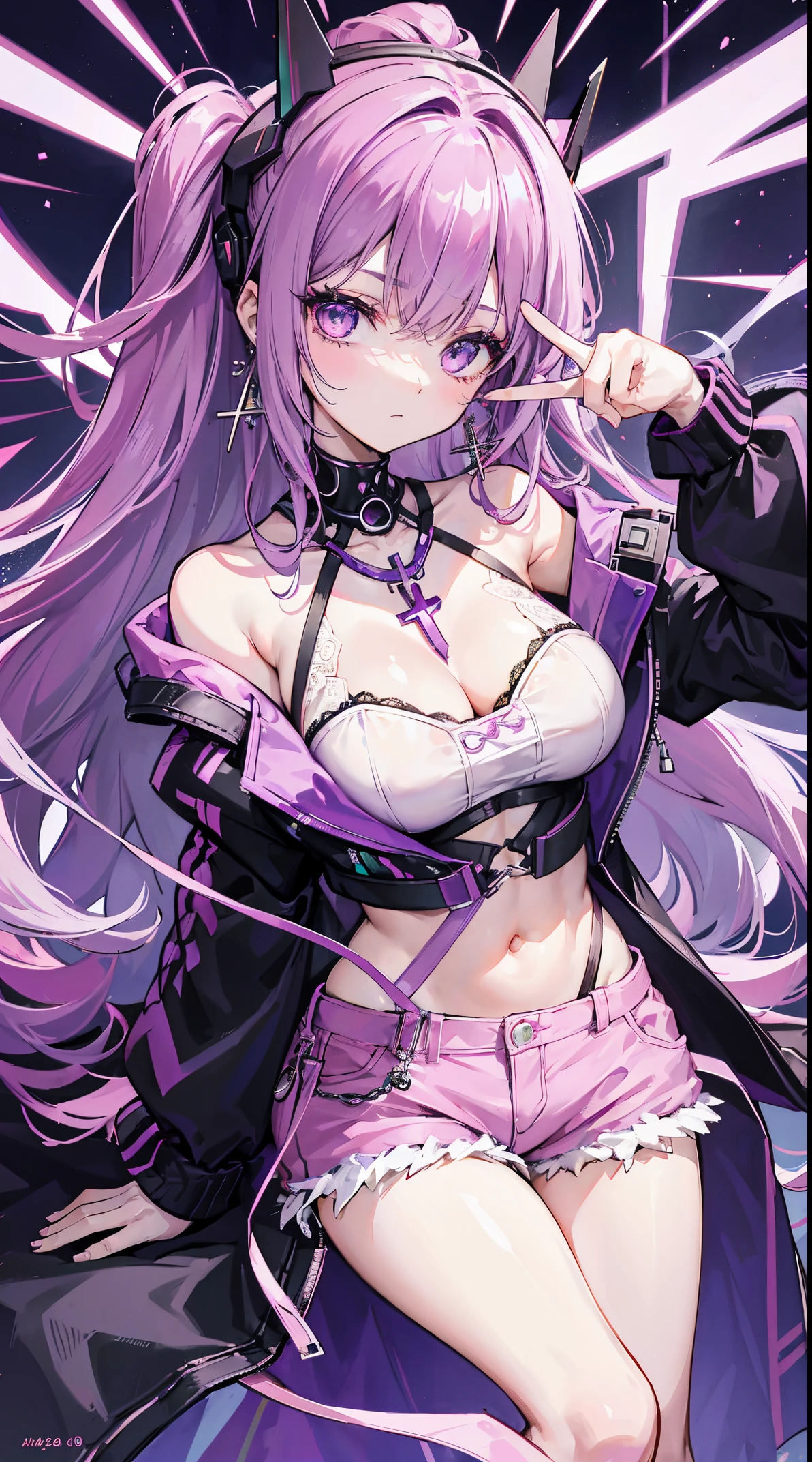 Light purple slightly curly long hair,Messy hair curtains with medium scattering,Star ring hair accessories,Crystal purple eyes,Carefree Cross Earrings,with a determined look in his eyeicro makeup,Black fishnet jacket,Long pink off-the-shoulder sleeves,Pink denim shorts,Tall girl,Double dumpling hairstyle,cyber punk personage,video game style,A sense of future technology,