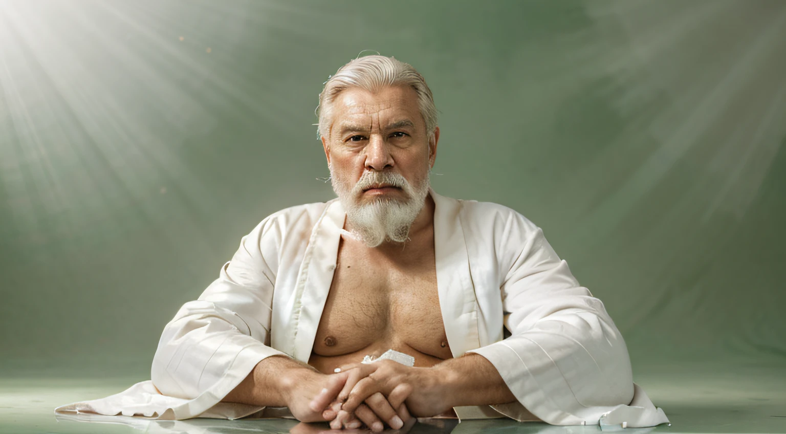 tmasterpiece, Best quality, (The middle view is),(((sitting cross-legged))),contemplative,70 years old,foreign elderly,Old man has wrinkles on his face, Absolutely positive, intense white hair, white mustache,Grow a beard,actual, robe,(((All-over white robe))), high high quality, fully body photo,Global light, (((solid green background))),Green background