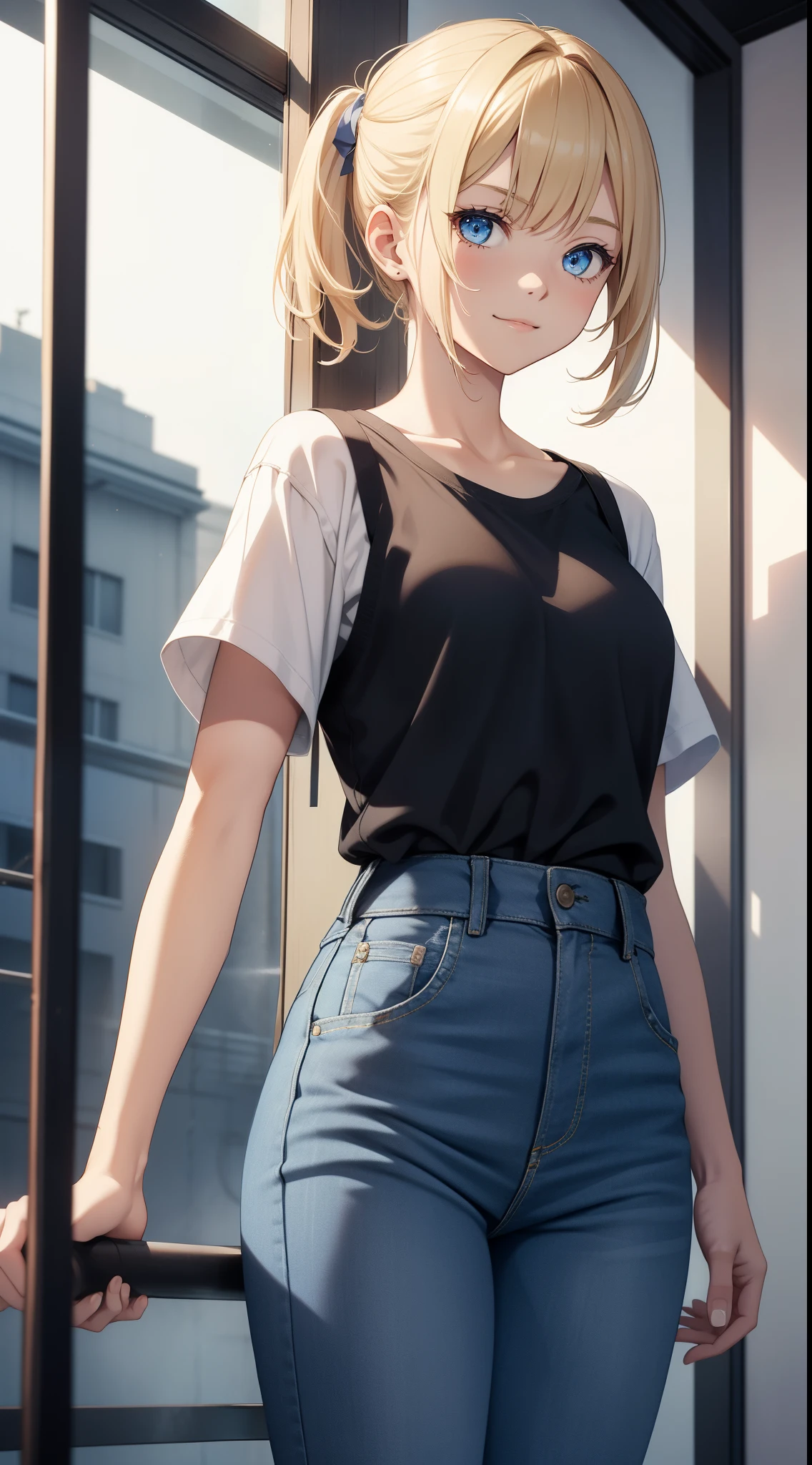 Young girls, blond with short hair, high ponytails, eBlue eyes, ssmile, Blue skinny shirt, denim pant, open shower room, Two swords, fly by rope, tmasterpiece, high high quality, 4K, k hd, Nice details