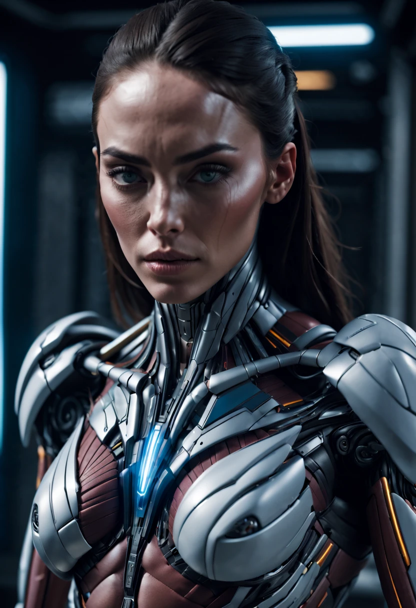 megan fox), Cinematic, hyper-detailed, and insanely detailed, perfect muscular anatomy of a bald super muscular female android girl. Beautiful color grading, enhancing the overall cinematic feel. Unreal Engine brings her anatomic cybernetic muscle suit to life, appearing even more mesmerizing. With the use of depth of field (DOF), every detail is focused and accentuated, drawing attention to her eyes and the intricate design of the anatomic cybernetic muscle suit . The image resolution is at its peak, utilizing super-resolution technology to ensure every pixel is perfect. Cinematic lighting enhances her aura, while anti-aliasing techniques like FXAA and TXAA keep the edges smooth and clean. Adding realism to the anatomic cybernetic muscle suit, RTX technology enables ray tracing. Additionally, SSAO (Screen Space Ambient Occlusion) gives depth and realism to the scene, the girl's anatomic cybernetic muscle suit become even more convincing. In the post-processing and post-production stages, tone mapping enhances the colors, creating a captivating visual experience. The integration of CGI (Computer-Generated Imagery) and VFX (Visual Effect brings out the anatomic cybernetic muscle suit's intricate features in a seamless manner. SFX (Sound Effects) complement the visual artistry, immersing the viewer further into this fantastic world. The level of detail is awe-inspiring, with intricate elements meticulously crafted, the artwork hyper maximalist and hyper-realistic. Volumetric effects add depth and dimension, and the photorealism is unparalleled. The image is rendered in 8K resolution, ensuring super-detailed visuals. The volumetric lightning adds a touch of magic, highlighting her beauty and the aura of her anatomic cybernetic muscle suit in an otherworldly way. High Dynamic Range (HDR) technology makes the colors pop, adding richness to the overall composition. Ultimately, this artwork presents an unreal portrayal of a super muscled cybernetic female android