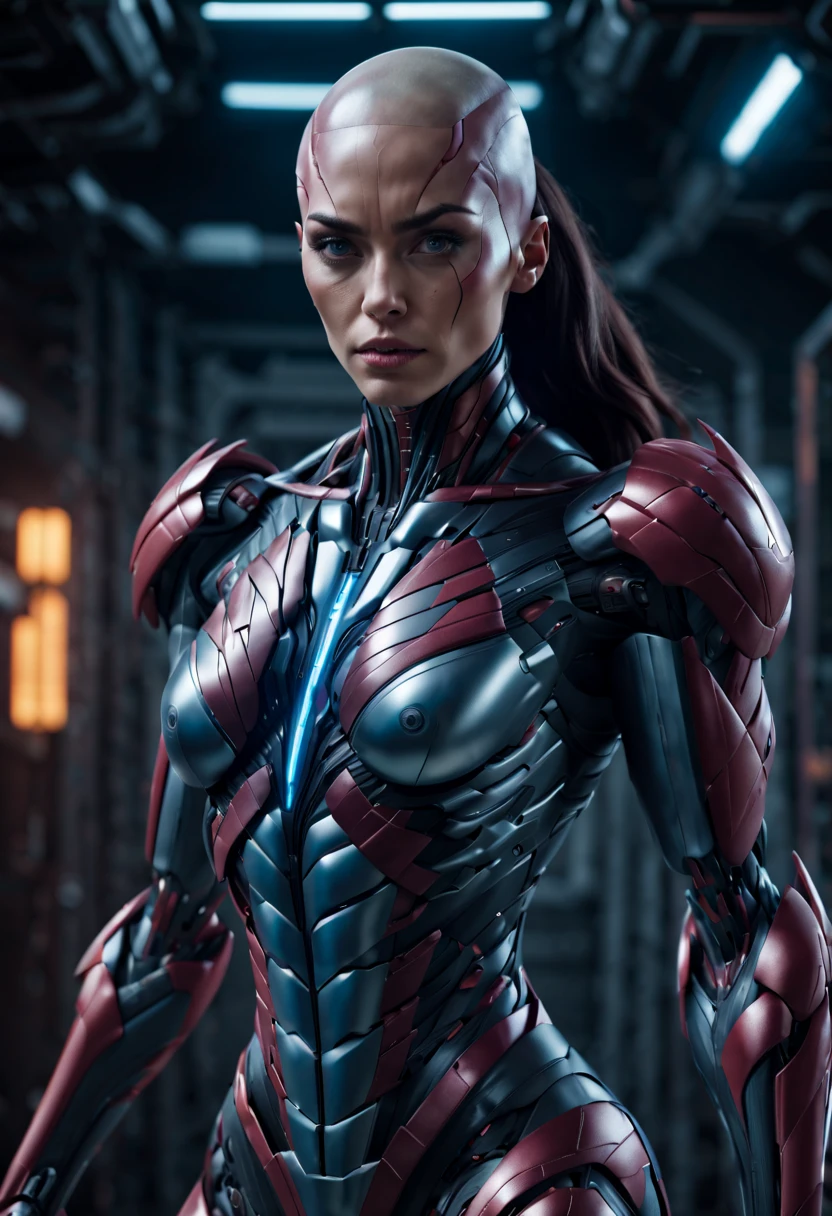 megan fox), Cinematic, hyper-detailed, and insanely detailed, perfect muscular anatomy of a bald super muscular female android girl. Beautiful color grading, enhancing the overall cinematic feel. Unreal Engine brings her anatomic cybernetic muscle suit to life, appearing even more mesmerizing. With the use of depth of field (DOF), every detail is focused and accentuated, drawing attention to her eyes and the intricate design of the anatomic cybernetic muscle suit . The image resolution is at its peak, utilizing super-resolution technology to ensure every pixel is perfect. Cinematic lighting enhances her aura, while anti-aliasing techniques like FXAA and TXAA keep the edges smooth and clean. Adding realism to the anatomic cybernetic muscle suit, RTX technology enables ray tracing. Additionally, SSAO (Screen Space Ambient Occlusion) gives depth and realism to the scene, the girl's anatomic cybernetic muscle suit become even more convincing. In the post-processing and post-production stages, tone mapping enhances the colors, creating a captivating visual experience. The integration of CGI (Computer-Generated Imagery) and VFX (Visual Effect brings out the anatomic cybernetic muscle suit's intricate features in a seamless manner. SFX (Sound Effects) complement the visual artistry, immersing the viewer further into this fantastic world. The level of detail is awe-inspiring, with intricate elements meticulously crafted, the artwork hyper maximalist and hyper-realistic. Volumetric effects add depth and dimension, and the photorealism is unparalleled. The image is rendered in 8K resolution, ensuring super-detailed visuals. The volumetric lightning adds a touch of magic, highlighting her beauty and the aura of her anatomic cybernetic muscle suit in an otherworldly way. High Dynamic Range (HDR) technology makes the colors pop, adding richness to the overall composition. Ultimately, this artwork presents an unreal portrayal of a super muscled cybernetic female android