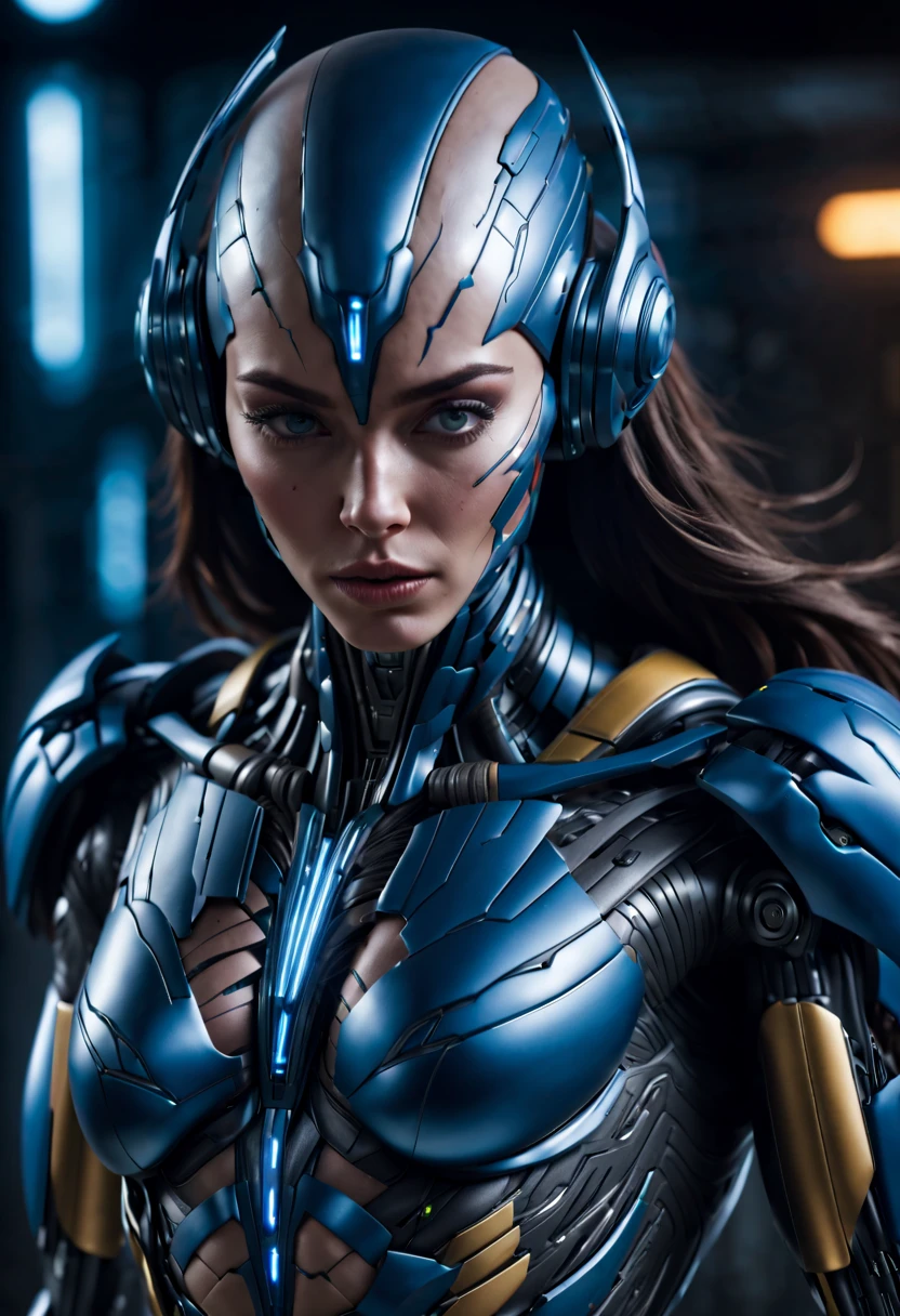 megan fox), Cinematic, hyper-detailed, and insanely detailed, perfect muscular anatomy of a bald super muscular female android girl. Beautiful color grading, enhancing the overall cinematic feel. Unreal Engine brings her anatomic cybernetic muscle suit to life, appearing even more mesmerizing. With the use of depth of field (DOF), every detail is focused and accentuated, drawing attention to her eyes and the intricate design of the anatomic cybernetic muscle suit . The image resolution is at its peak, utilizing super-resolution technology to ensure every pixel is perfect. Cinematic lighting enhances her aura, while anti-aliasing techniques like FXAA and TXAA keep the edges smooth and clean. Adding realism to the anatomic cybernetic muscle suit, RTX technology enables ray tracing. Additionally, SSAO (Screen Space Ambient Occlusion) gives depth and realism to the scene, the girl's anatomic cybernetic muscle suit become even more convincing. In the post-processing and post-production stages, tone mapping enhances the colors, creating a captivating visual experience. The integration of CGI (Computer-Generated Imagery) and VFX (Visual Effect brings out the anatomic cybernetic muscle suit's intricate features in a seamless manner. SFX (Sound Effects) complement the visual artistry, immersing the viewer further into this fantastic world. The level of detail is awe-inspiring, with intricate elements meticulously crafted, the artwork hyper maximalist and hyper-realistic. Volumetric effects add depth and dimension, and the photorealism is unparalleled. The image is rendered in 8K resolution, ensuring super-detailed visuals. The volumetric lightning adds a touch of magic, highlighting her beauty and the aura of her anatomic cybernetic muscle suit in an otherworldly way. High Dynamic Range (HDR) technology makes the colors pop, adding richness to the overall composition. Ultimately, this artwork presents an unreal portrayal of a super muscled cybernetic female android