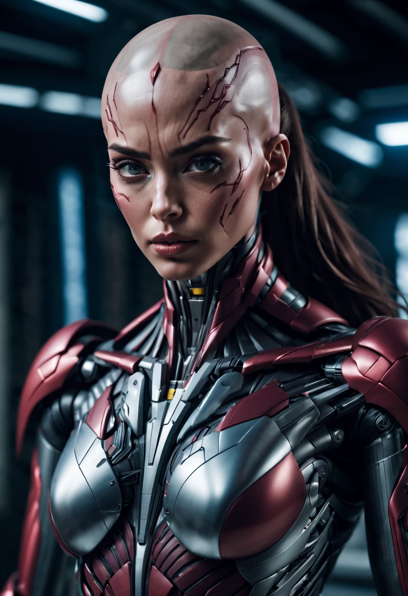 megan fox), Cinematic, hyper-detailed, and insanely detailed, perfect muscular anatomy of a bald super muscular female android girl. Beautiful color grading, enhancing the overall cinematic feel. Unreal Engine brings her anatomic cybernetic muscle suit to life, appearing even more mesmerizing. With the use of depth of field (DOF), every detail is focused and accentuated, drawing attention to her eyes and the intricate design of the anatomic cybernetic muscle suit . The image resolution is at its peak, utilizing super-resolution technology to ensure every pixel is perfect. Cinematic lighting enhances her aura, while anti-aliasing techniques like FXAA and TXAA keep the edges smooth and clean. Adding realism to the anatomic cybernetic muscle suit, RTX technology enables ray tracing. Additionally, SSAO (Screen Space Ambient Occlusion) gives depth and realism to the scene, the girl's anatomic cybernetic muscle suit become even more convincing. In the post-processing and post-production stages, tone mapping enhances the colors, creating a captivating visual experience. The integration of CGI (Computer-Generated Imagery) and VFX (Visual Effect brings out the anatomic cybernetic muscle suit's intricate features in a seamless manner. SFX (Sound Effects) complement the visual artistry, immersing the viewer further into this fantastic world. The level of detail is awe-inspiring, with intricate elements meticulously crafted, the artwork hyper maximalist and hyper-realistic. Volumetric effects add depth and dimension, and the photorealism is unparalleled. The image is rendered in 8K resolution, ensuring super-detailed visuals. The volumetric lightning adds a touch of magic, highlighting her beauty and the aura of her anatomic cybernetic muscle suit in an otherworldly way. High Dynamic Range (HDR) technology makes the colors pop, adding richness to the overall composition. Ultimately, this artwork presents an unreal portrayal of a super muscled cybernetic female android