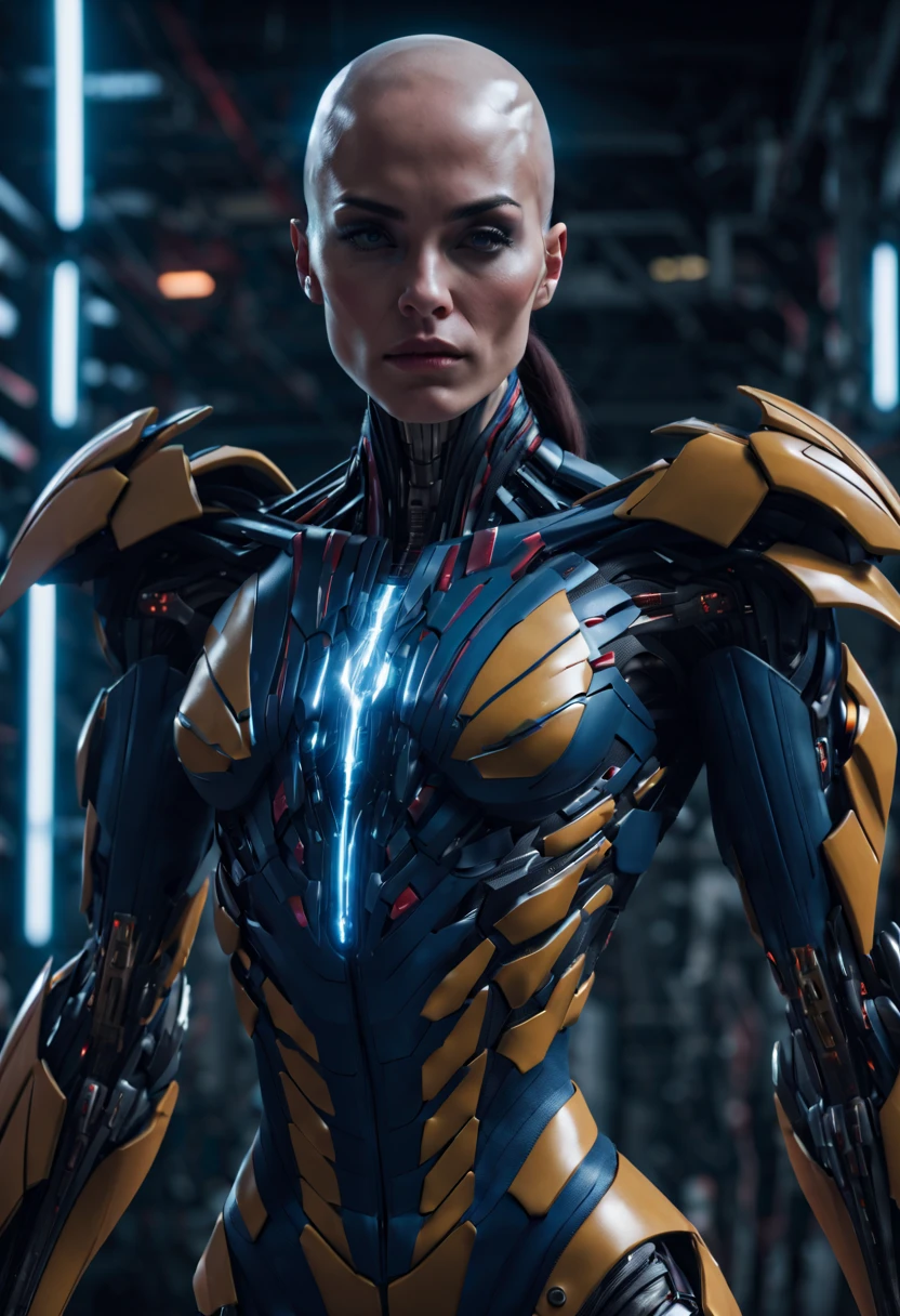 megan fox), Cinematic, hyper-detailed, and insanely detailed, perfect muscular anatomy of a bald super muscular female android girl. Beautiful color grading, enhancing the overall cinematic feel. Unreal Engine brings her anatomic cybernetic muscle suit to life, appearing even more mesmerizing. With the use of depth of field (DOF), every detail is focused and accentuated, drawing attention to her eyes and the intricate design of the anatomic cybernetic muscle suit . The image resolution is at its peak, utilizing super-resolution technology to ensure every pixel is perfect. Cinematic lighting enhances her aura, while anti-aliasing techniques like FXAA and TXAA keep the edges smooth and clean. Adding realism to the anatomic cybernetic muscle suit, RTX technology enables ray tracing. Additionally, SSAO (Screen Space Ambient Occlusion) gives depth and realism to the scene, the girl's anatomic cybernetic muscle suit become even more convincing. In the post-processing and post-production stages, tone mapping enhances the colors, creating a captivating visual experience. The integration of CGI (Computer-Generated Imagery) and VFX (Visual Effect brings out the anatomic cybernetic muscle suit's intricate features in a seamless manner. SFX (Sound Effects) complement the visual artistry, immersing the viewer further into this fantastic world. The level of detail is awe-inspiring, with intricate elements meticulously crafted, the artwork hyper maximalist and hyper-realistic. Volumetric effects add depth and dimension, and the photorealism is unparalleled. The image is rendered in 8K resolution, ensuring super-detailed visuals. The volumetric lightning adds a touch of magic, highlighting her beauty and the aura of her anatomic cybernetic muscle suit in an otherworldly way. High Dynamic Range (HDR) technology makes the colors pop, adding richness to the overall composition. Ultimately, this artwork presents an unreal portrayal of a super muscled cybernetic female android