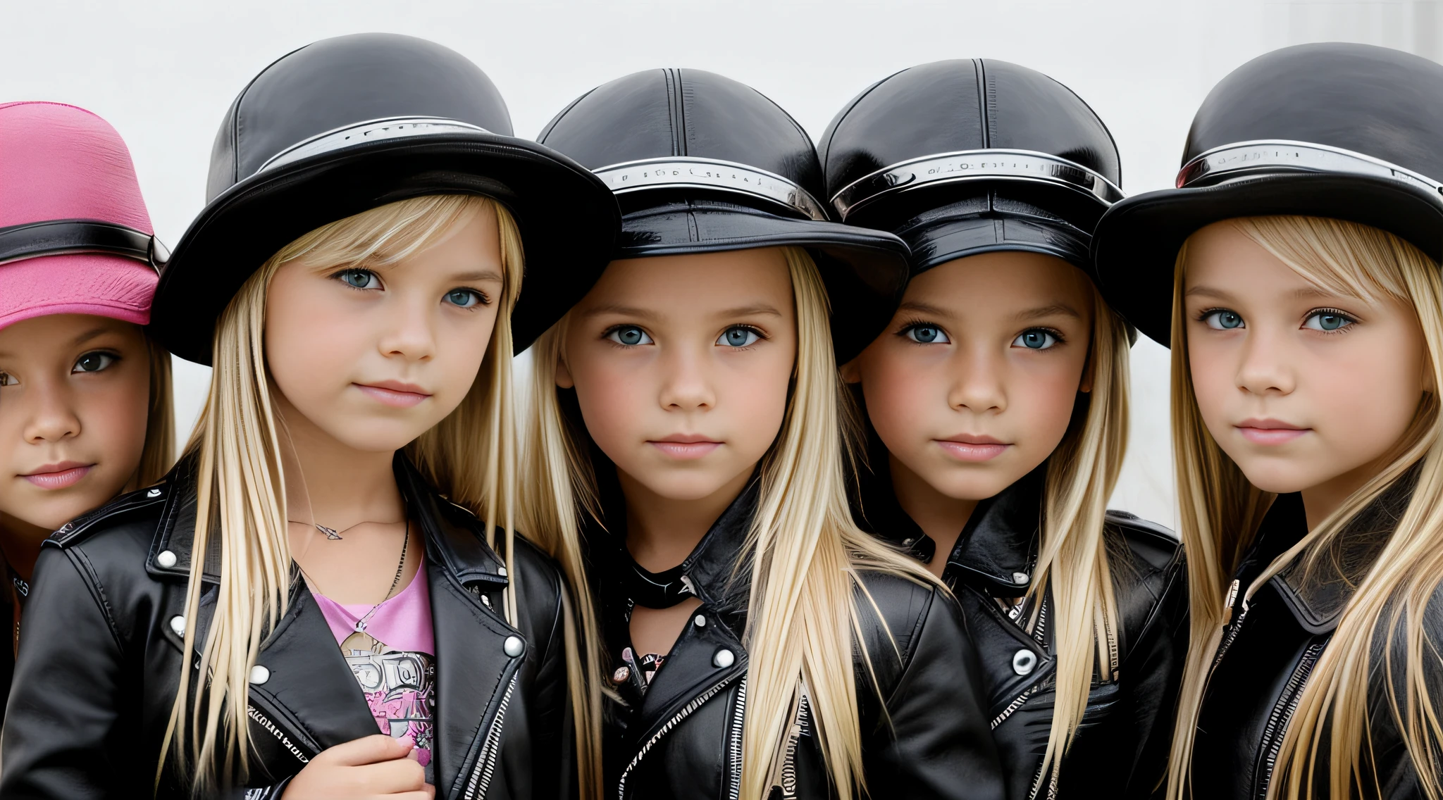 image of a group of 4 BLONDE KIDS GIRLS with hats and LEATHER jackets, 2 0 0 6 advertising promo shot, close up armas e rosas, foto promocional, foto promocional, in style of chrome hearts,