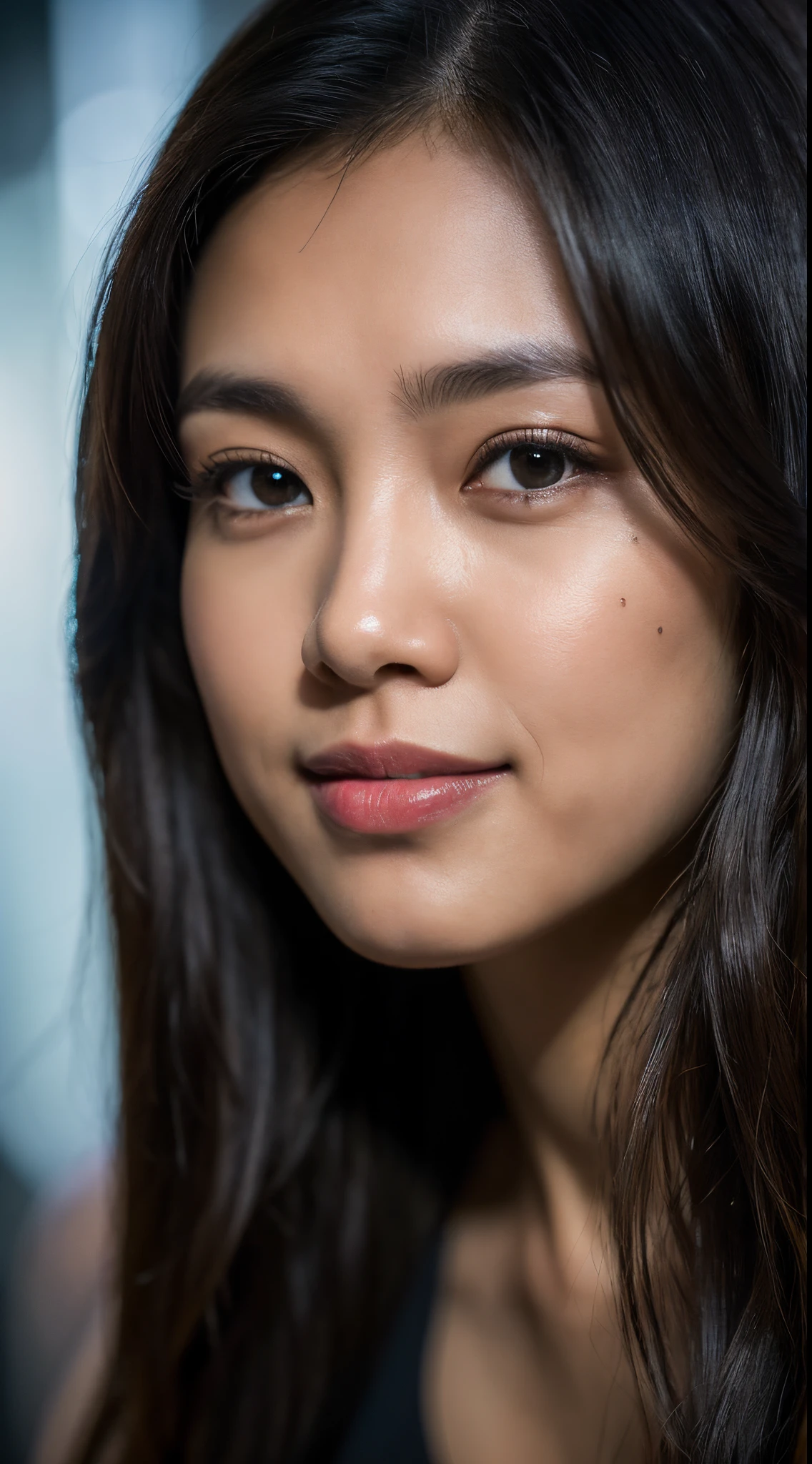 highest quality, epic realistic, ((in the pitch black darkness :1.4)), ((portrait:1.5)),(background: dark ) high contrast ,glorious picture, lowest lux, lighting face, she's comfortable, wearing nothing,  , looks incredible, (8k, Raw photo, Highest quality),(epic realistic:1.5), a woman, face,(detailed eyes:0.8),(looking at the camera:1.4), (Highest quality), ( high contrast, deep shadows),Intricate details,cinematic,((skin:1.4)), (long dark hair:1.3), long hair, messy ,(Hdr:1.5),Detailed, colors, Superior quality, Masterpiece, Raw Photo (20-year-old, looking at viewer), beautiful, (wearing plain yellow shirt,), perfect, natural, perfect composition, portrait, perfect face, smiling expression, Captivating eyes, Bright details, Tight lips, (High Skin Detail),, (blue tint: 0.6), (sale: 0.8), (bloody: 0.7), Key lighting , (backlight: 0.5), Medium depth of field, Canon 5d, 50mm lens, f/4 apertures, (Ultra-detailed, Complex detail), sharp focus, soft colors, 8k, Absurd, 80mm, bokeh background, photography, smiling, pinay, filipina, large boobs, neon lights background, bokeh