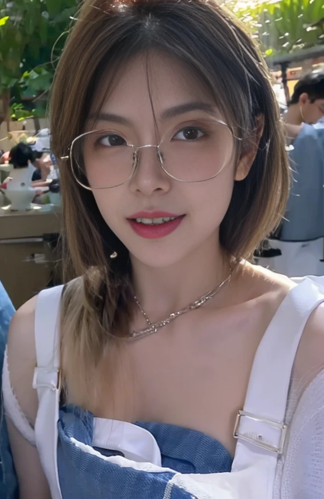 A beautiful young lady,Wear clear square glasseesmerizing eyes,Wearing a strapless tube top,Chest exposed,Expose the collarbone,