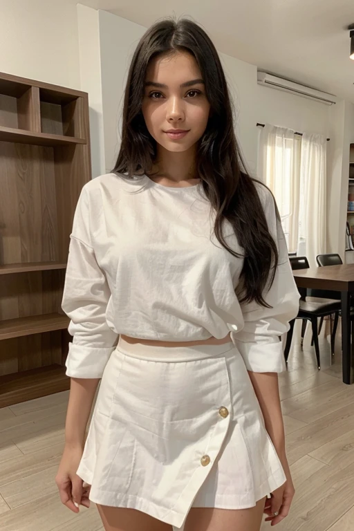 a 21 year old woman of model of weight54 kilos or 119 lbss square face shape  stands in a room, smiling and   a peace sign  with  her hand . She is wearing  a white shirt  and  a black skirt , and she is standing in front of  a dining table  and a bookshelf. ., black hair, Surrealism, high detail, Minimalism, modern, UHD, textured skin, high details, 8k, high quality, super detail, best quality