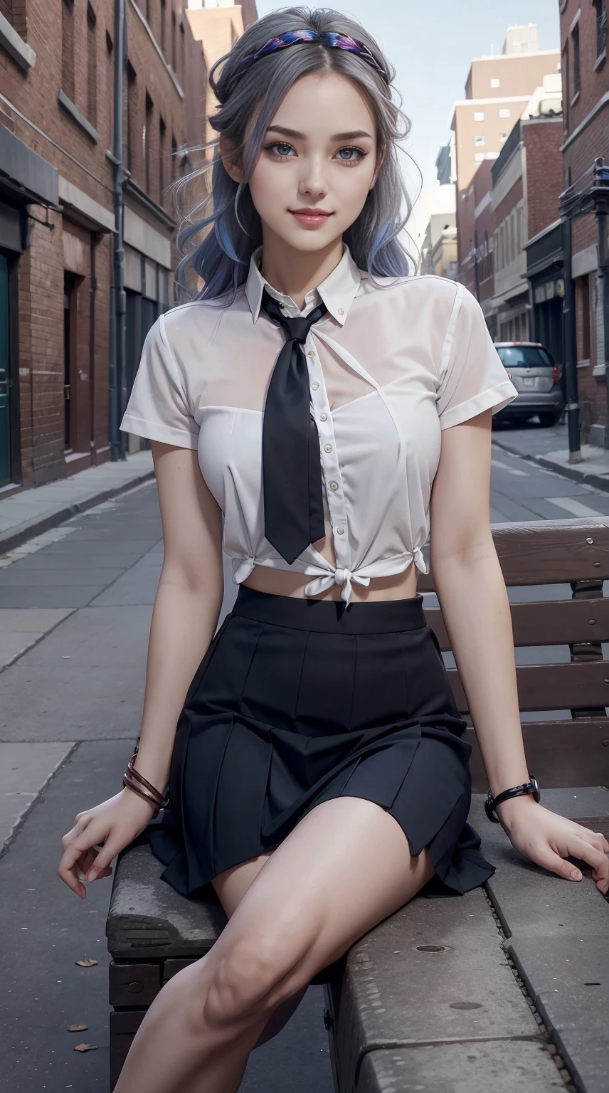 a 25yo woman、Hair color is a gradient color、Eye color is blue、Semi-long、hair is wavy、I'm wearing eyeshadow and lipstick、I'm wearing a headband、accessories on wrist、Slender but well-proportioned muscular body、The navel is visible、wearing a tie front shirt、She's wearing a low-rise mini pleated skirt.、I'm in an alley of brick buildings in an old western city、a smile、Looking at the camera、Sitting on a bench、a smile