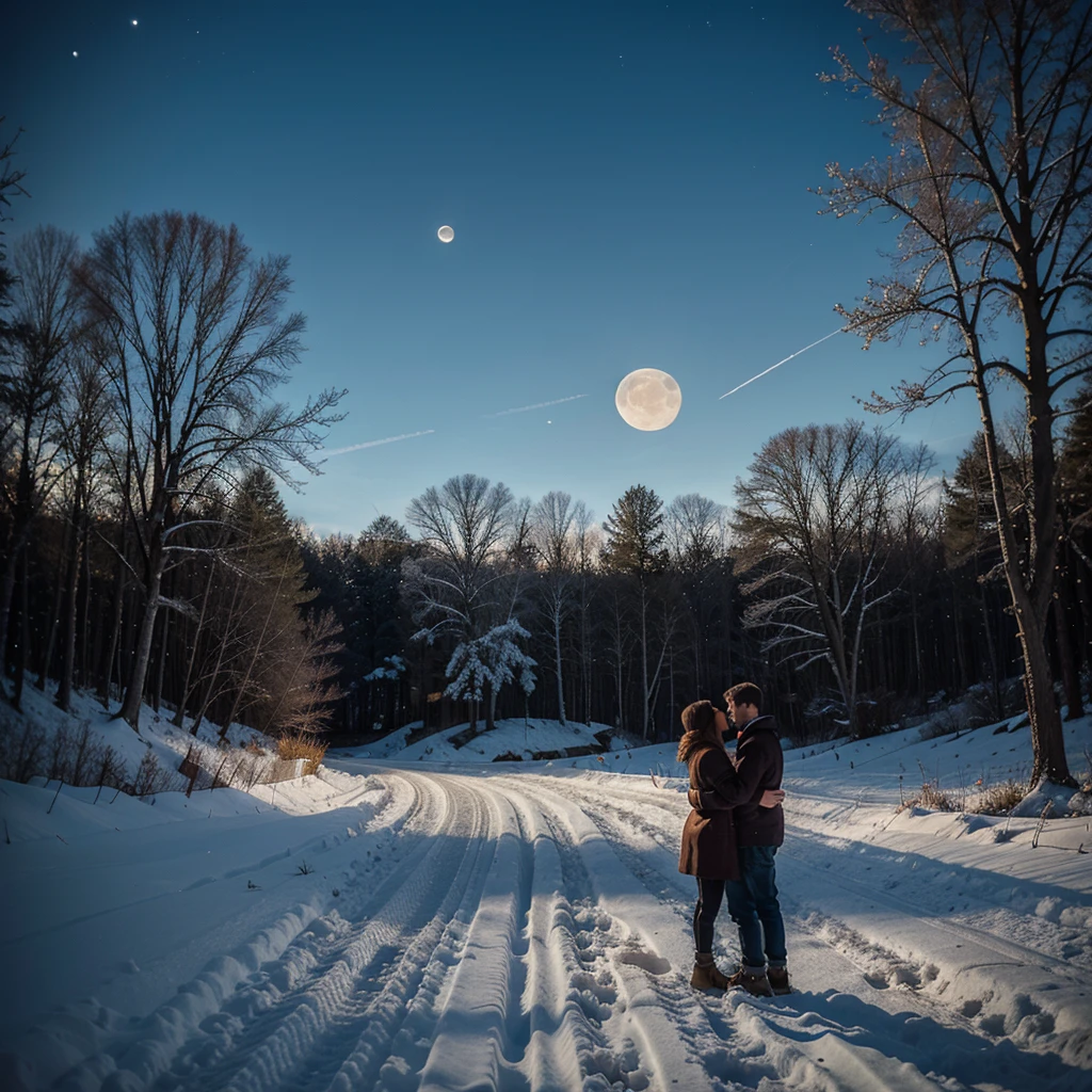 After the snowy day, There are maple trees by the road, and a pair of lovers in the distance have a vague back, bright moon, 8k.