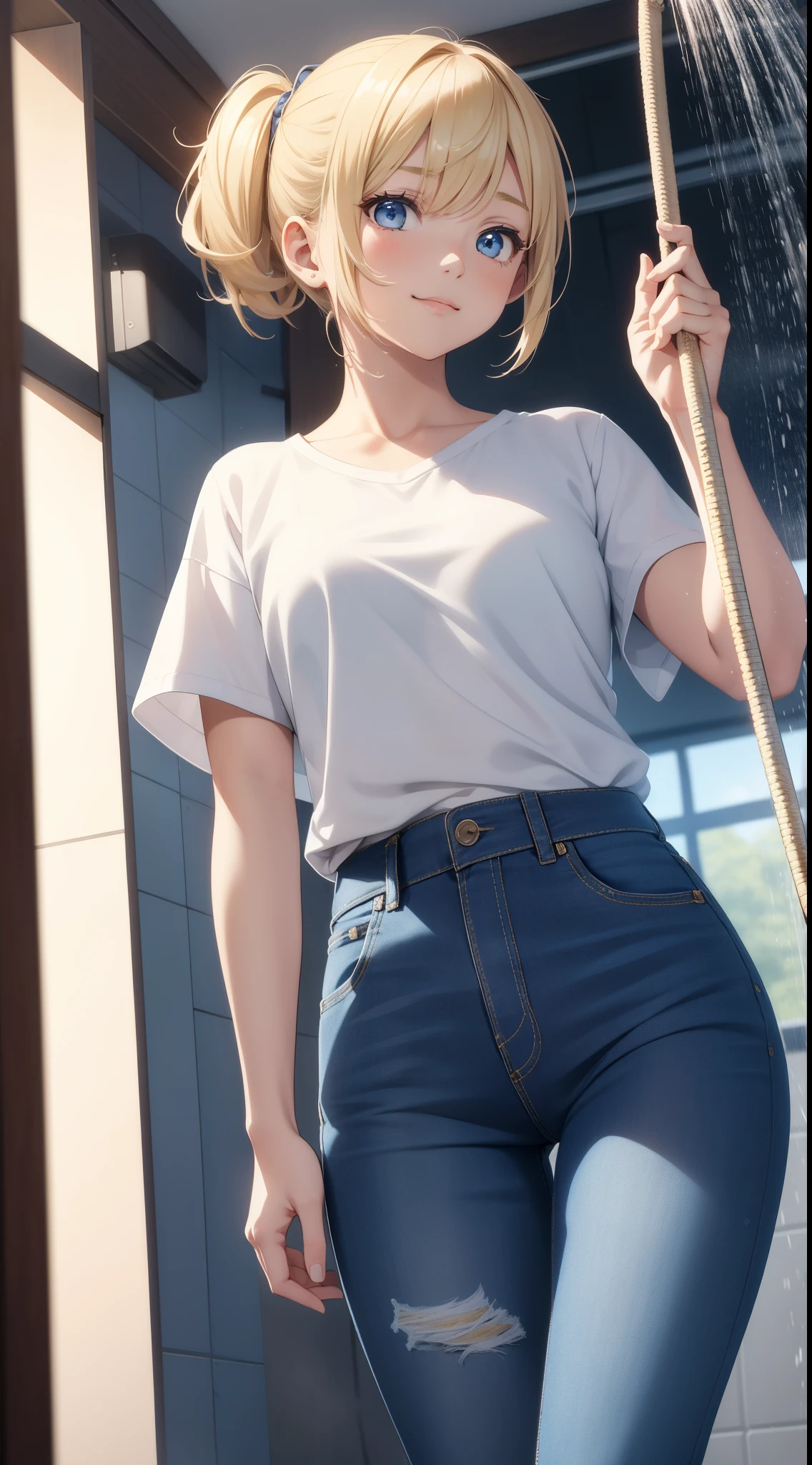 Young girls, blond with short hair, high ponytails, eBlue eyes, ssmile, Blue skinny shirt, denim pant, open shower room, Two swords, fly by rope, tmasterpiece, high high quality, 4K, k hd, Nice details