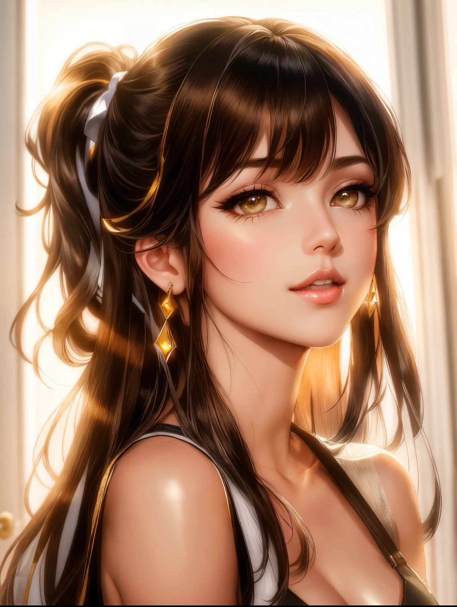 (Extremely detailed 8k wallpaper:2), (sfw:2), (photo:2), (a 20-year-old girl:2), (pensive, looking at her hands:2), detailed (Long dark brown hair with bangs, curly hair:2), (semi realistic:1), (highly detailed:1), (masterpiece:1), rim light, (maximum details:1), (aesthetic, cold expression:1), battle scenes, (outdoors:1), (forest background:2), (with many trees and dark sky:1), flowing white pants, bare shoulders, black Japanese-style cut clothes, golden details.