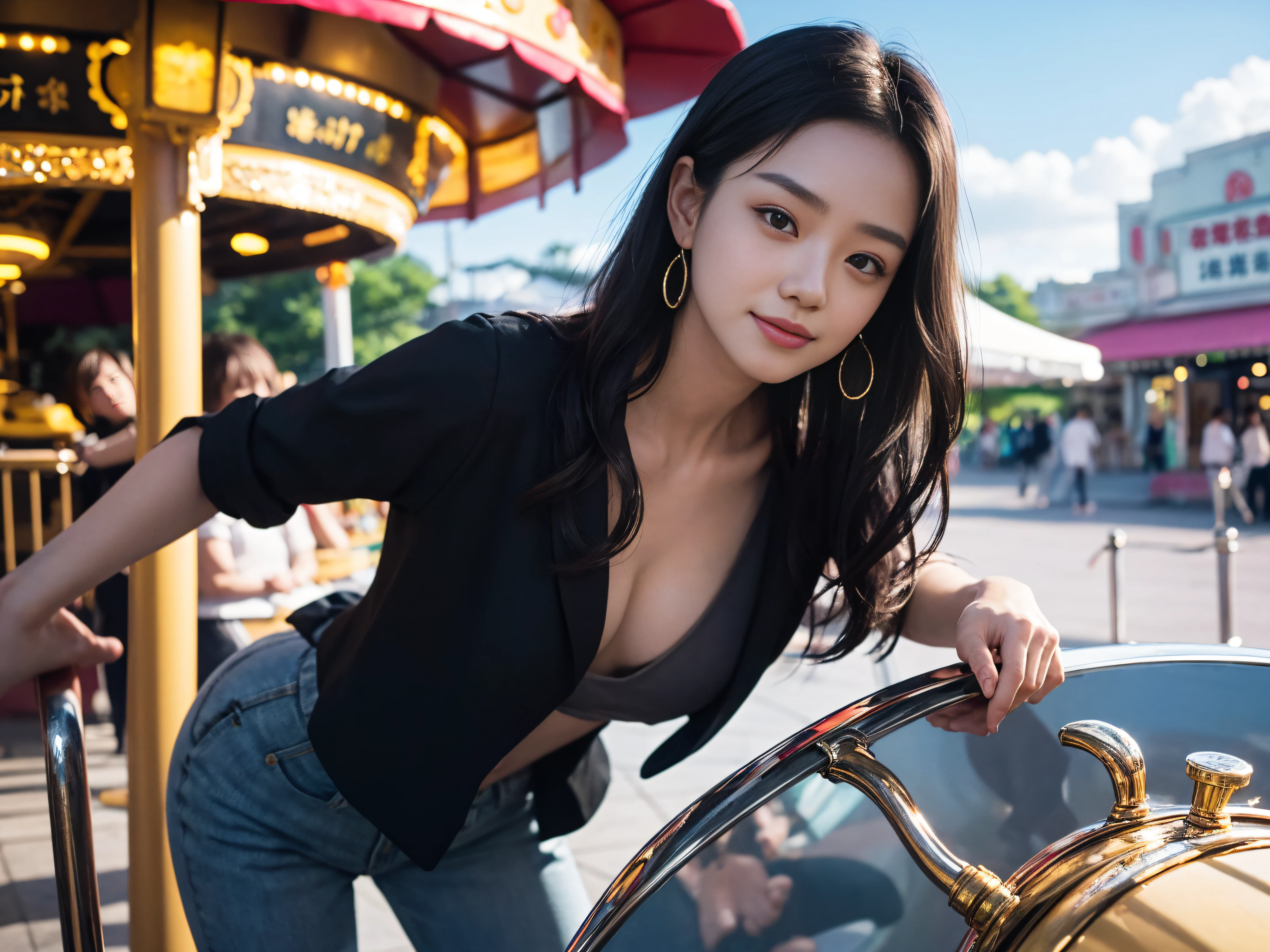 Best quality at best,tmasterpiece,超高分辨率,(filmgrain:1.1),电影灯光,(colours:1.1), 1 sexy Japanese female model, (21yo), and makeup,Clear pores,Delicate eyes,delicate skin,realistic skin textures,authentic skin texture,Highly Detailed Face and Skin Textur,(C cup,broad shoulder,Small round buttocks,small heads, Thigh-lengthening sheer jersey lining/no underwares/Wear a plain black blazer, round frame sunglasses colorless hair/Hippie fever/curlies/Yunfa), (laughing heartily),Ride the carousel at the amusement park,High quality photos, hyper realisitc, 8K high-definition, 电影灯光/Light and shadow tracking, Kodak Visual Color,add noise:0.9, Dynamic lens:0.95, fully body photo,Let's go:0.45,