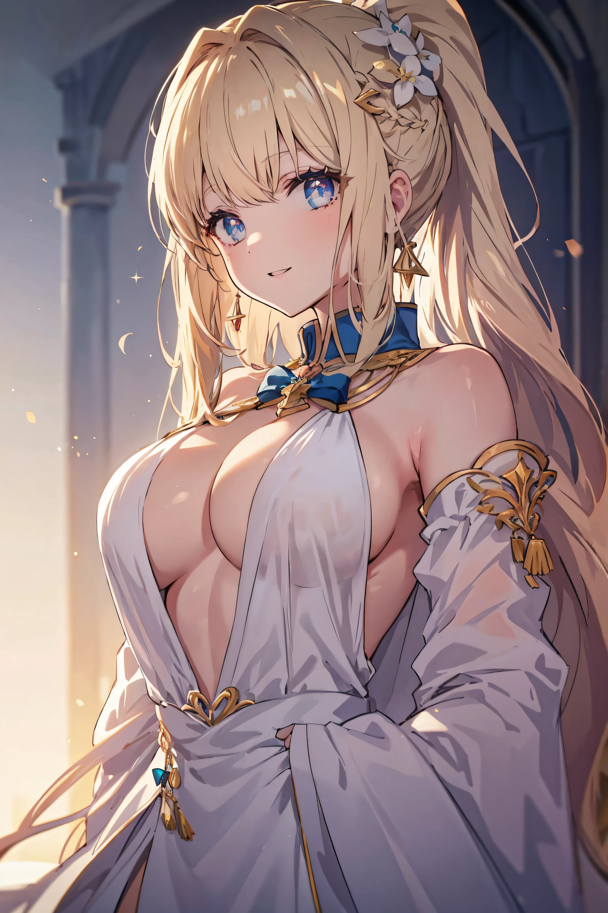 2filles, (wavy ponytail, hair over shoulder, very long hair, cheveux très épais), poils blonds ou blancs, (beautiful detailed  eyes, Yeux dorés ou bleus, star-shaped pupil, pupilles en forme de losange), bouche ouverte, Grand sourire, grosse poitrine, clivage, crescent earrings, prendre des bains, les parties sexuelles se cachent avec une serviette, (beautiful necklace in cuir bijou detail), (épingle à cheveux fleur de cheveux), Lens rash abuse, aberration chromatique, High detail, Anime, romantisme, op art, profondeur de champ, Flou de mouvement, glowing light, grain du film, UHD, retina, ccurate, Masterpiece, anatomiquement correct, textured skin, super detail, High Details, High quality, award winning, Best quality, high resolucion, 16k,