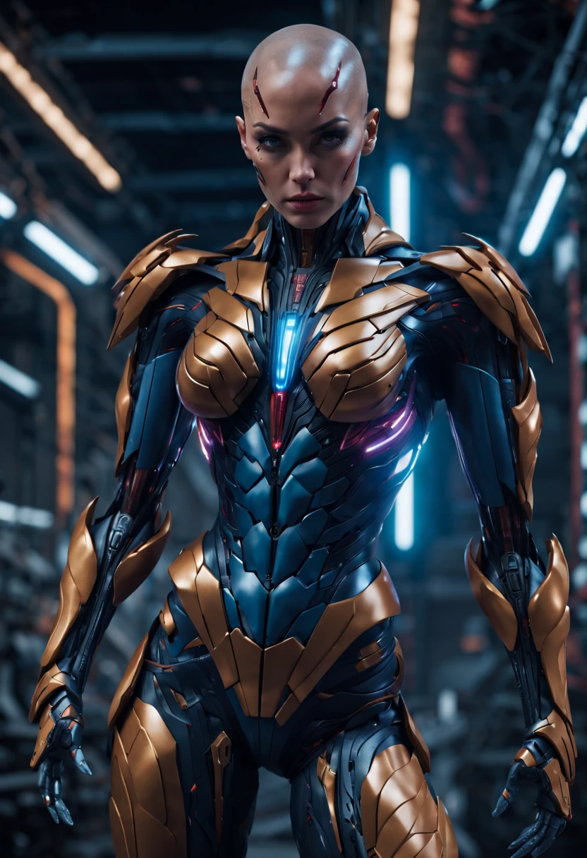 megan fox), Cinematic, hyper-detailed, and insanely detailed, perfect muscular anatomy of a bald super muscular female android girl. Beautiful color grading, enhancing the overall cinematic feel. Unreal Engine brings her anatomic cybernetic muscle suit to life, appearing even more mesmerizing. With the use of depth of field (DOF), every detail is focused and accentuated, drawing attention to her eyes and the intricate design of the anatomic cybernetic muscle suit . The image resolution is at its peak, utilizing super-resolution technology to ensure every pixel is perfect. Cinematic lighting enhances her aura, while anti-aliasing techniques like FXAA and TXAA keep the edges smooth and clean. Adding realism to the anatomic cybernetic muscle suit, RTX technology enables ray tracing. Additionally, SSAO (Screen Space Ambient Occlusion) gives depth and realism to the scene, the girl's anatomic cybernetic muscle suit become even more convincing. In the post-processing and post-production stages, tone mapping enhances the colors, creating a captivating visual experience. The integration of CGI (Computer-Generated Imagery) and VFX (Visual Effect brings out the anatomic cybernetic muscle suit's intricate features in a seamless manner. SFX (Sound Effects) complement the visual artistry, immersing the viewer further into this fantastic world. The level of detail is awe-inspiring, with intricate elements meticulously crafted, the artwork hyper maximalist and hyper-realistic. Volumetric effects add depth and dimension, and the photorealism is unparalleled. The image is rendered in 8K resolution, ensuring super-detailed visuals. The volumetric lightning adds a touch of magic, highlighting her beauty and the aura of her anatomic cybernetic muscle suit in an otherworldly way. High Dynamic Range (HDR) technology makes the colors pop, adding richness to the overall composition. Ultimately, this artwork presents an unreal portrayal of a super muscled cybernetic female android
