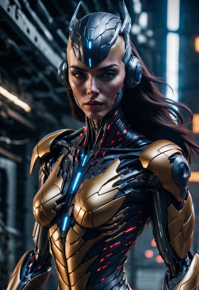 megan fox), Cinematic, hyper-detailed, and insanely detailed, perfect muscular anatomy of a bald super muscular female android girl. Beautiful color grading, enhancing the overall cinematic feel. Unreal Engine brings her anatomic cybernetic muscle suit to life, appearing even more mesmerizing. With the use of depth of field (DOF), every detail is focused and accentuated, drawing attention to her eyes and the intricate design of the anatomic cybernetic muscle suit . The image resolution is at its peak, utilizing super-resolution technology to ensure every pixel is perfect. Cinematic lighting enhances her aura, while anti-aliasing techniques like FXAA and TXAA keep the edges smooth and clean. Adding realism to the anatomic cybernetic muscle suit, RTX technology enables ray tracing. Additionally, SSAO (Screen Space Ambient Occlusion) gives depth and realism to the scene, the girl's anatomic cybernetic muscle suit become even more convincing. In the post-processing and post-production stages, tone mapping enhances the colors, creating a captivating visual experience. The integration of CGI (Computer-Generated Imagery) and VFX (Visual Effect brings out the anatomic cybernetic muscle suit's intricate features in a seamless manner. SFX (Sound Effects) complement the visual artistry, immersing the viewer further into this fantastic world. The level of detail is awe-inspiring, with intricate elements meticulously crafted, the artwork hyper maximalist and hyper-realistic. Volumetric effects add depth and dimension, and the photorealism is unparalleled. The image is rendered in 8K resolution, ensuring super-detailed visuals. The volumetric lightning adds a touch of magic, highlighting her beauty and the aura of her anatomic cybernetic muscle suit in an otherworldly way. High Dynamic Range (HDR) technology makes the colors pop, adding richness to the overall composition. Ultimately, this artwork presents an unreal portrayal of a super muscled cybernetic female android