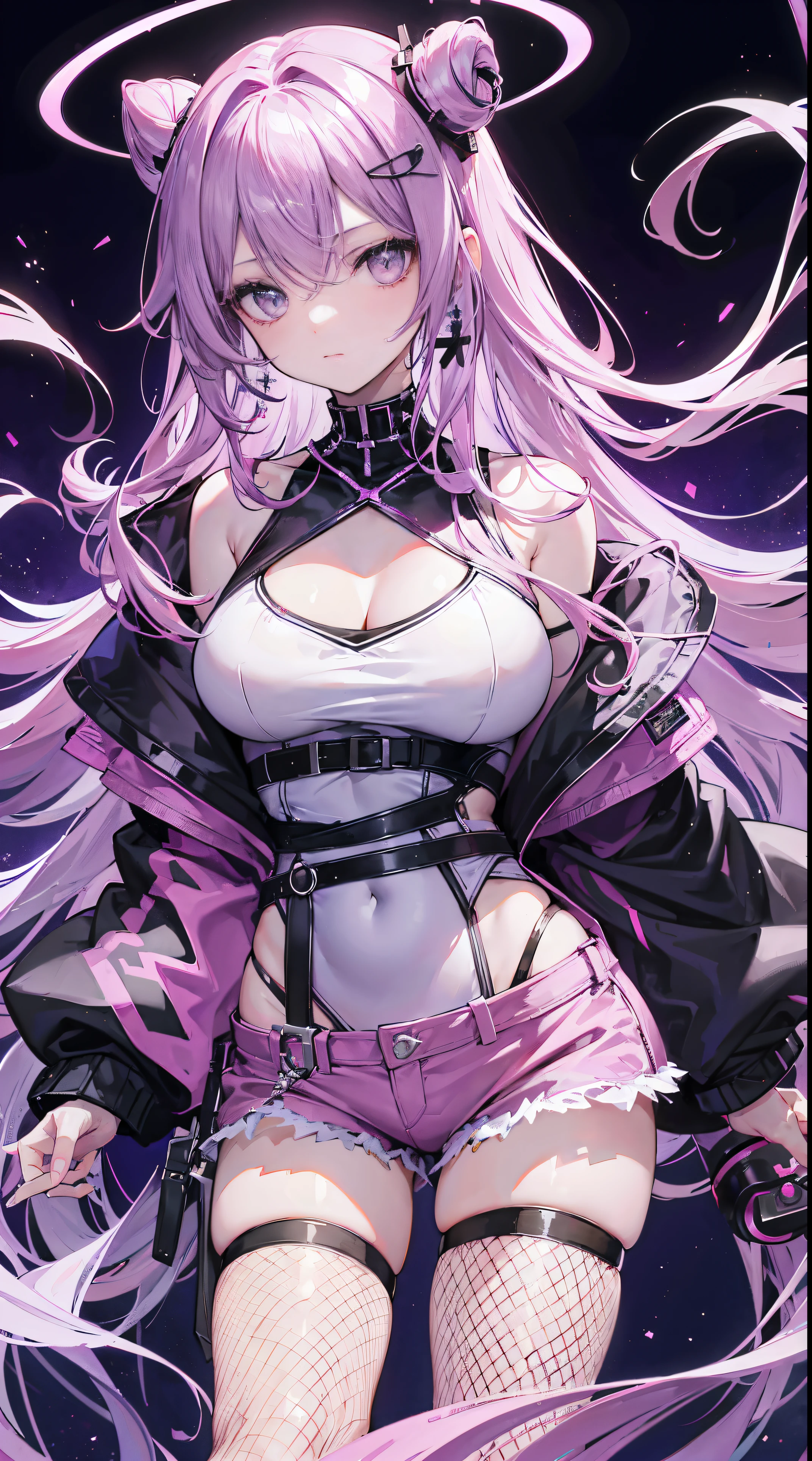 Light purple slightly curly long hair，Medium diffused tousled tresses，Star ring hair accessories，Crystal purple eyes，carefree cross earrings，A firm expression with slight makeup，Black fishnet jacket，Long pink off-the-shoulder sleeves，Pink denim shorts，Tall girl，Double pill hair style，cyber punk personage，video game style，A sense of future technology，Dress conservatively