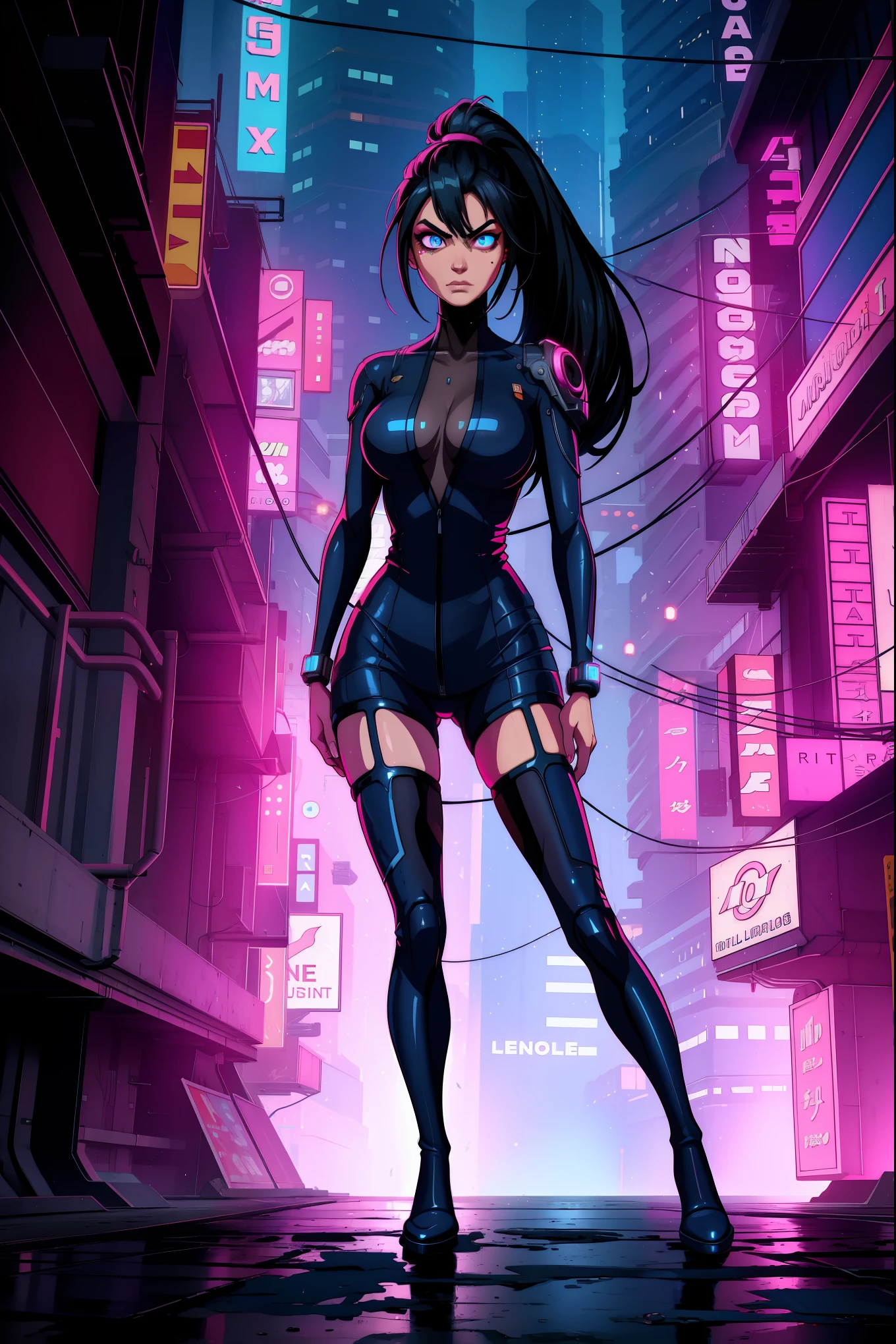 annflores. black hair, blue eyes, ponytail, mole under left eye,
bodysuit, legs, thigh boots,
looking at viewer, standing, upper body, serious,
cyberpunk, city, night, neon blue and pink lights,
(insanely detailed, beautiful detailed face, masterpiece, best quality)