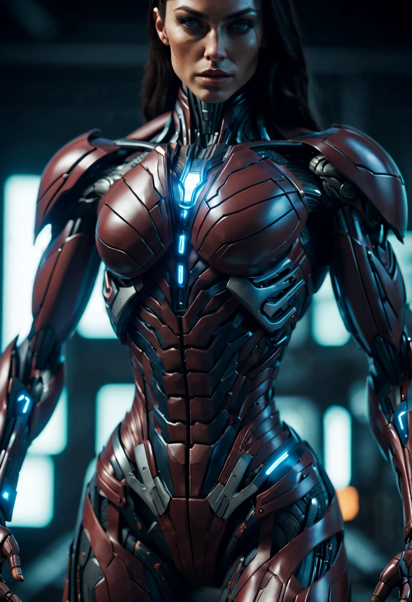 megan fox), Cinematic, hyper-detailed, and insanely detailed, perfect muscular anatomy of a bald super muscular female android girl. Beautiful color grading, enhancing the overall cinematic feel. Unreal Engine brings her anatomic cybernetic muscle suit to life, appearing even more mesmerizing. With the use of depth of field (DOF), every detail is focused and accentuated, drawing attention to her eyes and the intricate design of the anatomic cybernetic muscle suit . The image resolution is at its peak, utilizing super-resolution technology to ensure every pixel is perfect. Cinematic lighting enhances her aura, while anti-aliasing techniques like FXAA and TXAA keep the edges smooth and clean. Adding realism to the anatomic cybernetic muscle suit, RTX technology enables ray tracing. Additionally, SSAO (Screen Space Ambient Occlusion) gives depth and realism to the scene, the girl's anatomic cybernetic muscle suit become even more convincing. In the post-processing and post-production stages, tone mapping enhances the colors, creating a captivating visual experience. The integration of CGI (Computer-Generated Imagery) and VFX (Visual Effect brings out the anatomic cybernetic muscle suit's intricate features in a seamless manner. SFX (Sound Effects) complement the visual artistry, immersing the viewer further into this fantastic world. The level of detail is awe-inspiring, with intricate elements meticulously crafted, the artwork hyper maximalist and hyper-realistic. Volumetric effects add depth and dimension, and the photorealism is unparalleled. The image is rendered in 8K resolution, ensuring super-detailed visuals. The volumetric lightning adds a touch of magic, highlighting her beauty and the aura of her anatomic cybernetic muscle suit in an otherworldly way. High Dynamic Range (HDR) technology makes the colors pop, adding richness to the overall composition. Ultimately, this artwork presents an unreal portrayal of a super muscled cybernetic female android