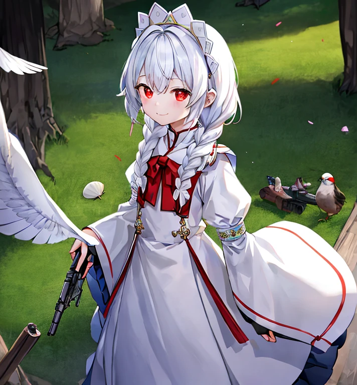 top-quality、ultra-detailliert、careful body description、Human possible system、Lively、i'I'm standing with my legs apart、Bird'S-eye view branch、look up to、1girl in、独奏、is standing、white hair、Twin braids、Red Eye Aid Headdress Side Apron、bangss、white glove、Gaze、A smile、looking at the viewers、(interview:1.3)、facing each other in the wilderness、good-looking、Beautiful standing figure、White blade、Shining blade、inappropriate mouth、dust scattering、Shell casings are scattered、rolling hand gun、abandoned pistol、