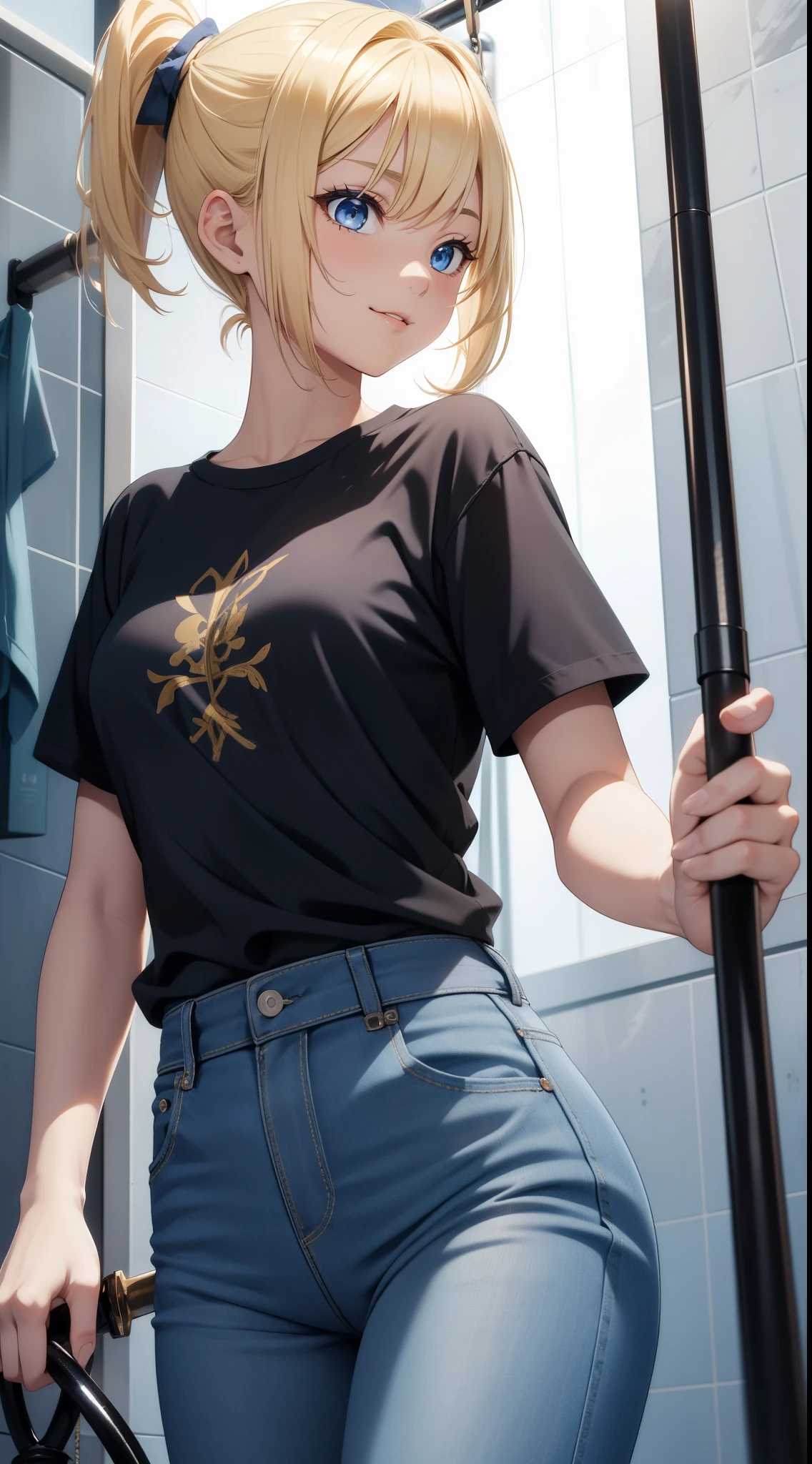 Young girls, blond with short hair, high ponytails, eBlue eyes, ssmile, Blue skinny shirt, denim pant, open shower room, Two swords, fly by rope, tmasterpiece, high high quality, 4K, k hd, Nice details