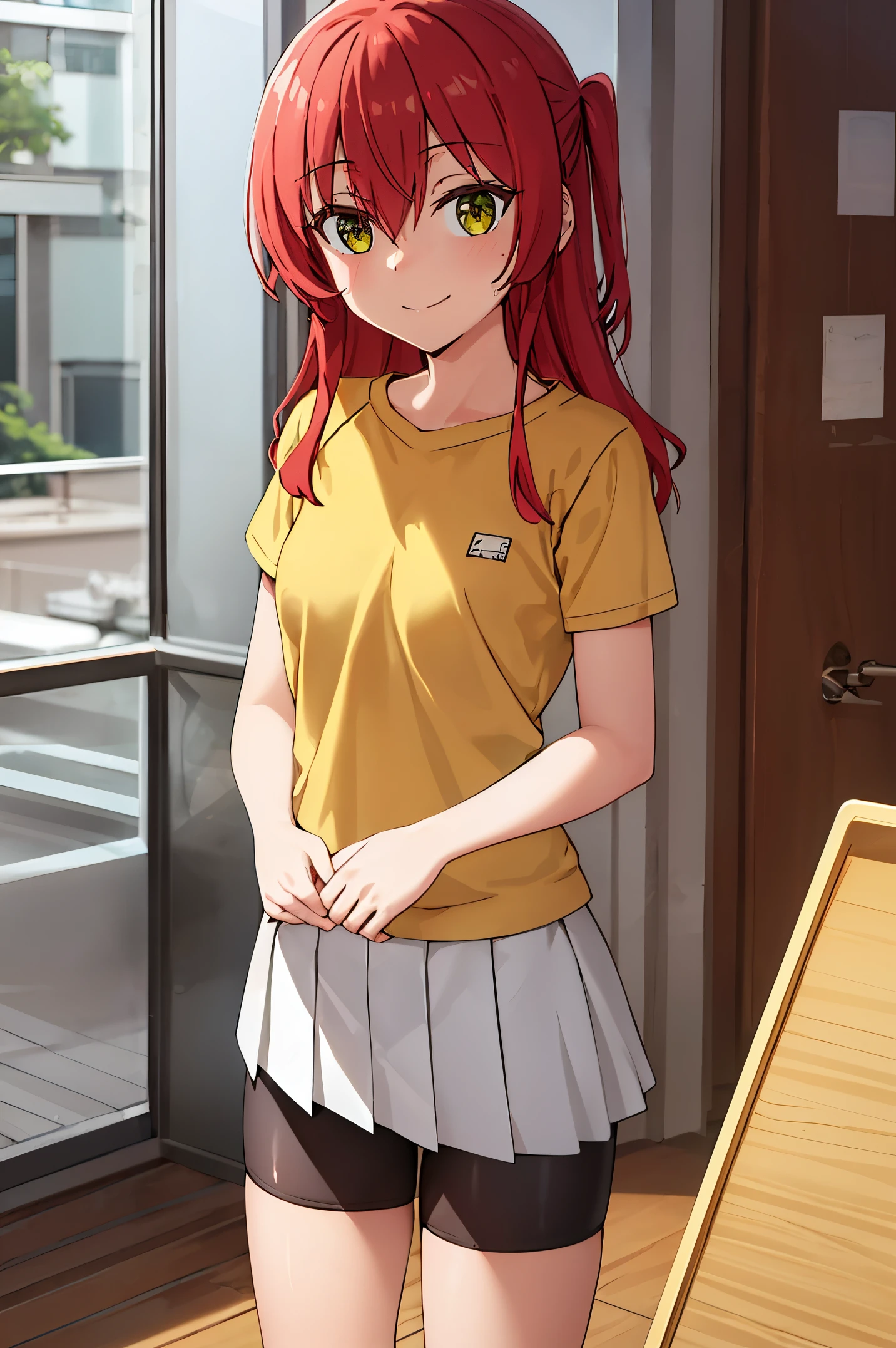 Room, 1 girl, best quality, ultra high res, long hair, red hair, yellow eyes, pink shirt, short sleeves, white skirt, pleated skirt, miniskirt, bike shorts, bike shorts under skirt, looking at viewers, small breast, standing, pov, slim body, loli body, small body, smile