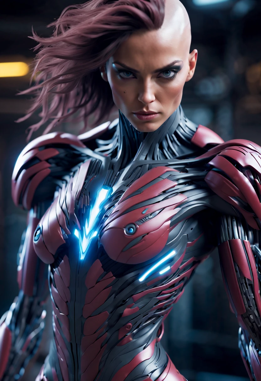 megan fox), Cinematic, hyper-detailed, and insanely detailed, perfect muscular anatomy of a bald super muscular female android girl. Beautiful color grading, enhancing the overall cinematic feel. Unreal Engine brings her anatomic cybernetic muscle suit to life, appearing even more mesmerizing. With the use of depth of field (DOF), every detail is focused and accentuated, drawing attention to her eyes and the intricate design of the anatomic cybernetic muscle suit . The image resolution is at its peak, utilizing super-resolution technology to ensure every pixel is perfect. Cinematic lighting enhances her aura, while anti-aliasing techniques like FXAA and TXAA keep the edges smooth and clean. Adding realism to the anatomic cybernetic muscle suit, RTX technology enables ray tracing. Additionally, SSAO (Screen Space Ambient Occlusion) gives depth and realism to the scene, the girl's anatomic cybernetic muscle suit become even more convincing. In the post-processing and post-production stages, tone mapping enhances the colors, creating a captivating visual experience. The integration of CGI (Computer-Generated Imagery) and VFX (Visual Effect brings out the anatomic cybernetic muscle suit's intricate features in a seamless manner. SFX (Sound Effects) complement the visual artistry, immersing the viewer further into this fantastic world. The level of detail is awe-inspiring, with intricate elements meticulously crafted, the artwork hyper maximalist and hyper-realistic. Volumetric effects add depth and dimension, and the photorealism is unparalleled. The image is rendered in 8K resolution, ensuring super-detailed visuals. The volumetric lightning adds a touch of magic, highlighting her beauty and the aura of her anatomic cybernetic muscle suit in an otherworldly way. High Dynamic Range (HDR) technology makes the colors pop, adding richness to the overall composition. Ultimately, this artwork presents an unreal portrayal of a super muscled cybernetic female android