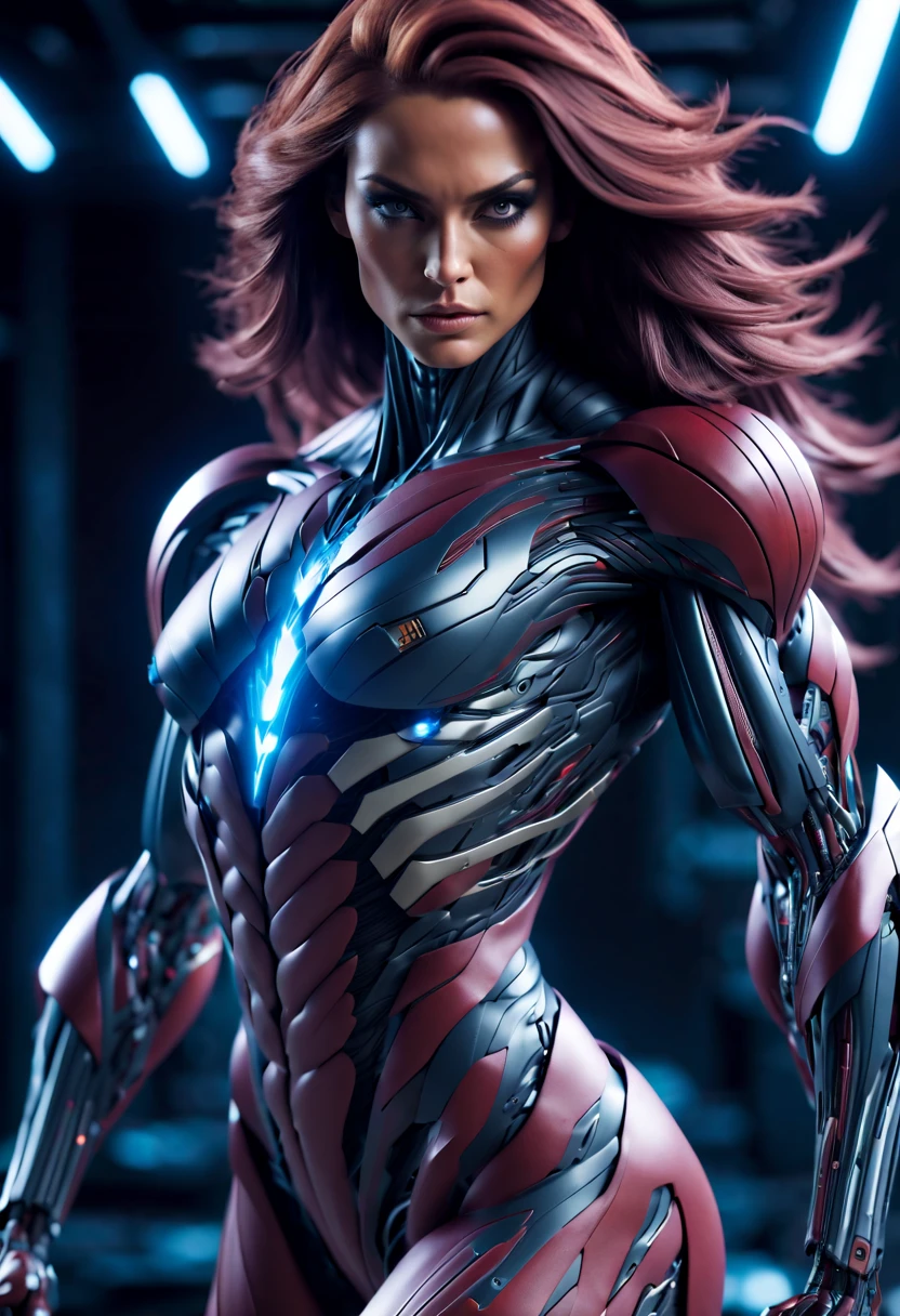 megan fox), Cinematic, hyper-detailed, and insanely detailed, perfect muscular anatomy of a bald super muscular female android girl. Beautiful color grading, enhancing the overall cinematic feel. Unreal Engine brings her anatomic cybernetic muscle suit to life, appearing even more mesmerizing. With the use of depth of field (DOF), every detail is focused and accentuated, drawing attention to her eyes and the intricate design of the anatomic cybernetic muscle suit . The image resolution is at its peak, utilizing super-resolution technology to ensure every pixel is perfect. Cinematic lighting enhances her aura, while anti-aliasing techniques like FXAA and TXAA keep the edges smooth and clean. Adding realism to the anatomic cybernetic muscle suit, RTX technology enables ray tracing. Additionally, SSAO (Screen Space Ambient Occlusion) gives depth and realism to the scene, the girl's anatomic cybernetic muscle suit become even more convincing. In the post-processing and post-production stages, tone mapping enhances the colors, creating a captivating visual experience. The integration of CGI (Computer-Generated Imagery) and VFX (Visual Effect brings out the anatomic cybernetic muscle suit's intricate features in a seamless manner. SFX (Sound Effects) complement the visual artistry, immersing the viewer further into this fantastic world. The level of detail is awe-inspiring, with intricate elements meticulously crafted, the artwork hyper maximalist and hyper-realistic. Volumetric effects add depth and dimension, and the photorealism is unparalleled. The image is rendered in 8K resolution, ensuring super-detailed visuals. The volumetric lightning adds a touch of magic, highlighting her beauty and the aura of her anatomic cybernetic muscle suit in an otherworldly way. High Dynamic Range (HDR) technology makes the colors pop, adding richness to the overall composition. Ultimately, this artwork presents an unreal portrayal of a super muscled cybernetic female android