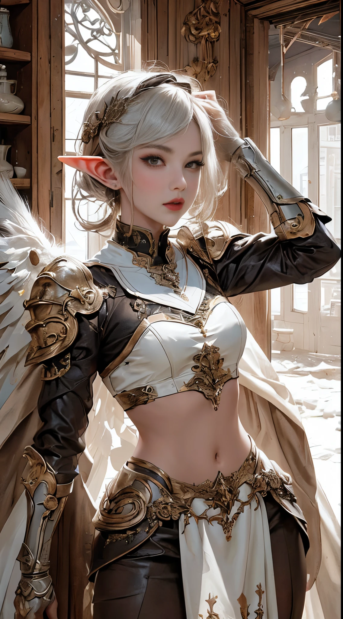 ((top-quality:1.4))、(unparalleled masterpiece ever)、(The ultra -The high-definition)、(ultra realistic 8k cg)、(Photorealsitic:1.4)、RAW Photography、ciinematic light,In the dark forest、The tree々Sunlight penetrates、(actionpose:1.4)、(dark shot:1.4)、Platinum White Hair、Beautiful elf girl covered with jewels、Highly detailed ((white light armor))、verd s eyeroken Angel Wings、、lensflare、Shading by sunlight、8 class large、thicc body、Add depth to images with backlight effects、 perfect anatomia、BREAK, eyelashes, makeup, pink eyes, parted lips, eyeshadow, pink lips, pink eyeshadow,
