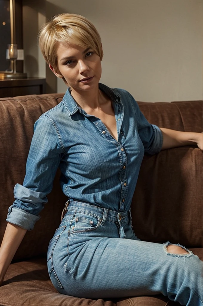 Tall woman in her 40s, short pixie cut blonde hair, sitting on a couch, Dressed in jeans and unbuttoned denim blouse. Drinking wine.