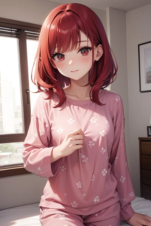 Little, (masterpiece, highest quality), figure, Fine grain, One girl, alone, Ruby Kurosawa, Flat Chest, Redhead, Both sides up, Green Eyes, smile,
Wear pajamas , at home,