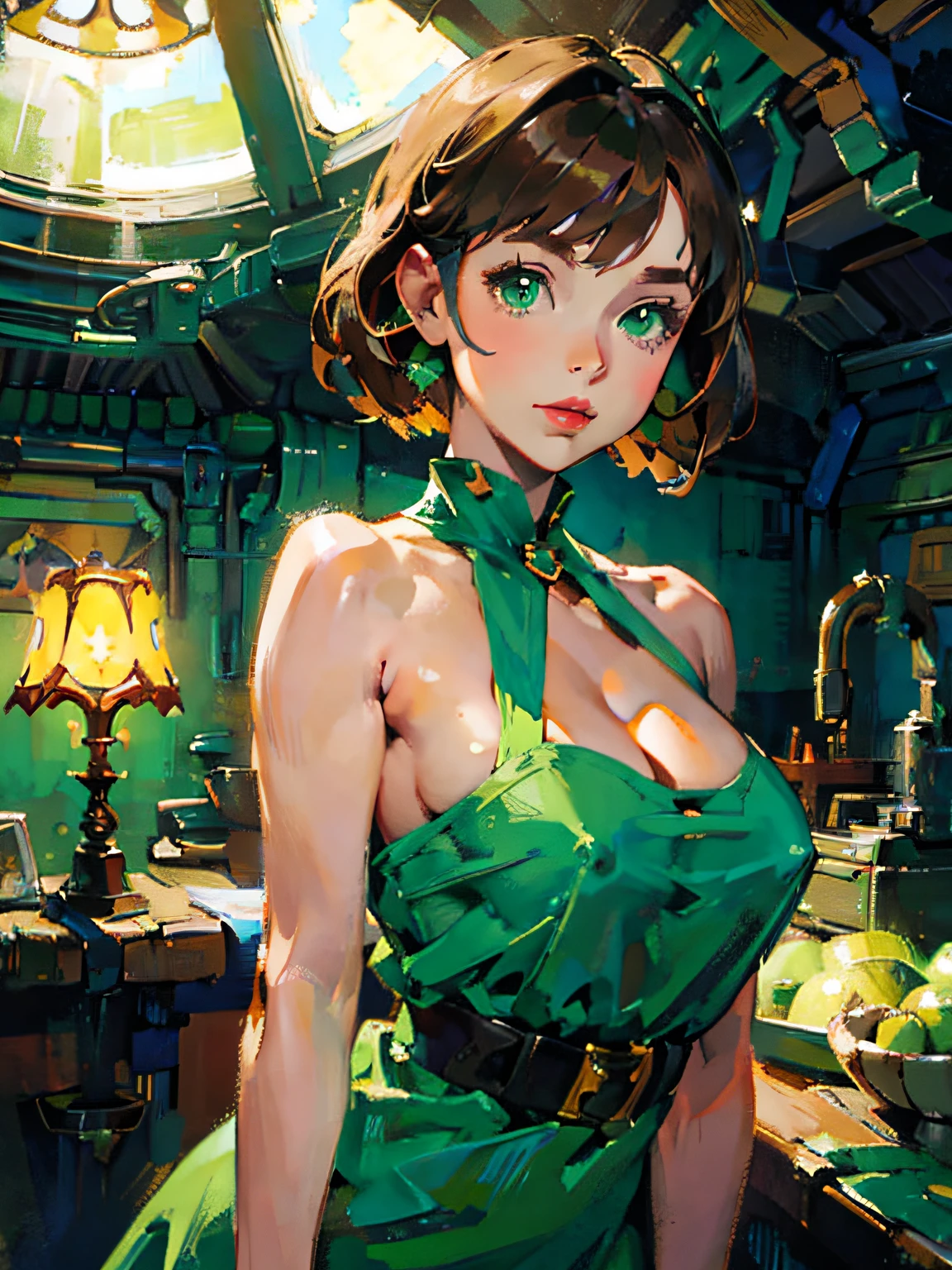solo female, large breasts, bared breasts, (underboob, nipple, areola), (symmetrical face), cute face, pretty detailed eyes, beautiful green dress, princess aesthetic, brown hair, green eyes, starship interior, wide shot, sci-fi setting, planet, (Highest Quality, Amazing Details:1.25), (Solo:1.3),