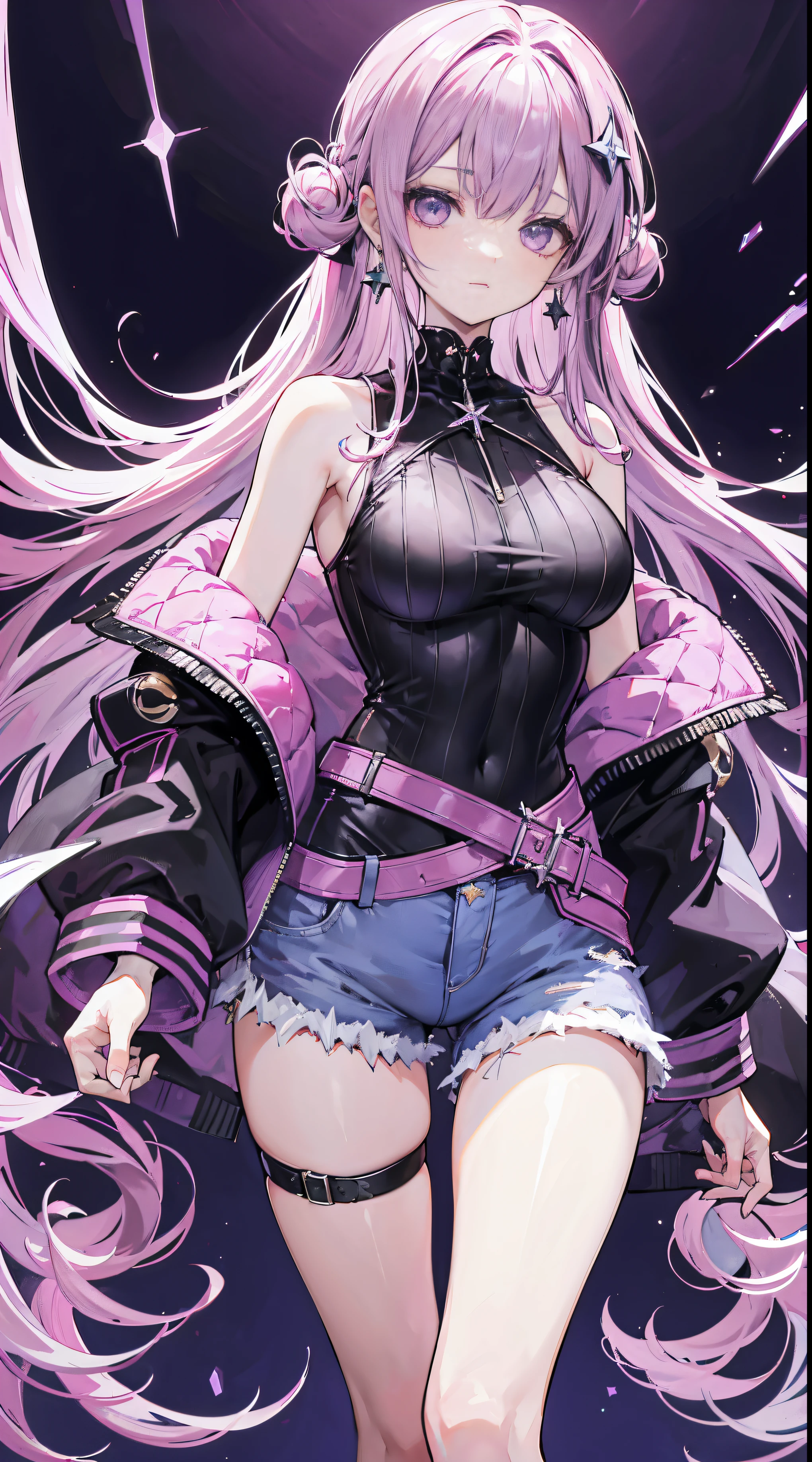Light purple slightly curly long hair,Medium diffused tousled tresses,Star ring hair accessories,Crystal purple eyes,carefree cross earrings,A firm expression with slight makeup,Black fishnet jacket,Long pink off-the-shoulder sleeves,Pink denim shorts,Tall girl,Double pill hair style,cyber punk personage,video game style,A sense of future technology,Dress conservatively